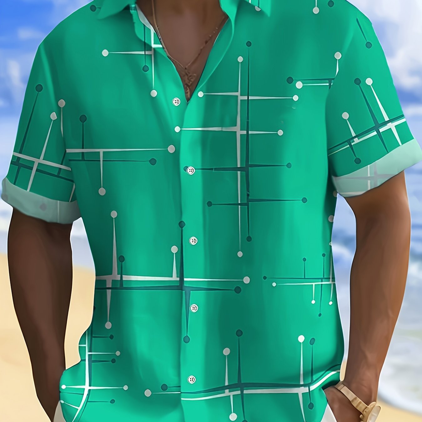 Image of Men's Fashion Short Sleeve Shirt With Irregular Print, Polyester 100%, Lapel Collar, Button Detail, Regular Fit, Woven Fabric, 110gsm - Spring/fall Season