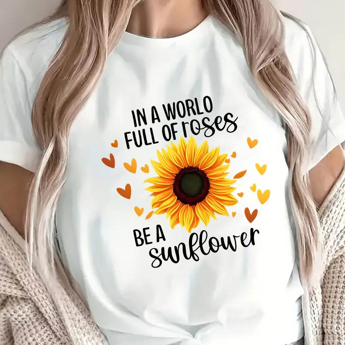 TEMU Polyester Short Sleeve T-shirt With Sunflower Design In A World Full Of Roses Be A Sunflower Casual Wear For Women, Perfect For Daily , Coffee