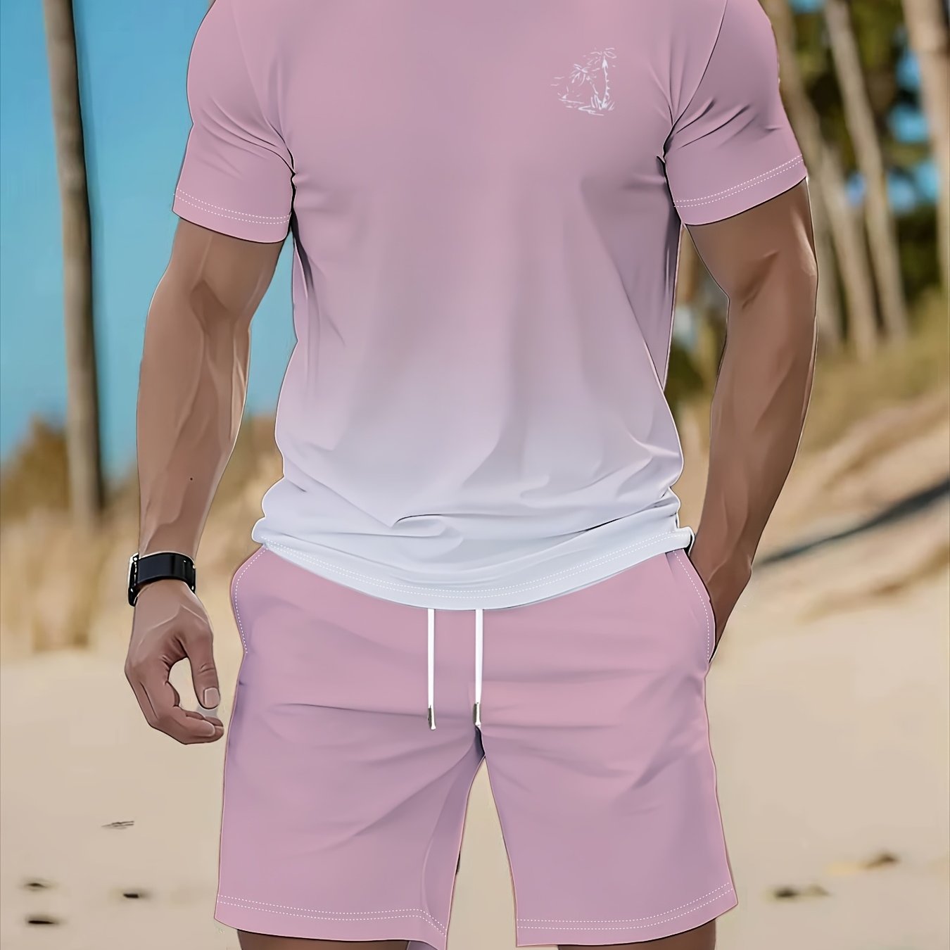 TEMU [print Design – Not Textured//sequins] 2pcs Men's Casual T-shirt And Shorts Set, Print Pattern, Round Neck Short Sleeve Top With Drawstring