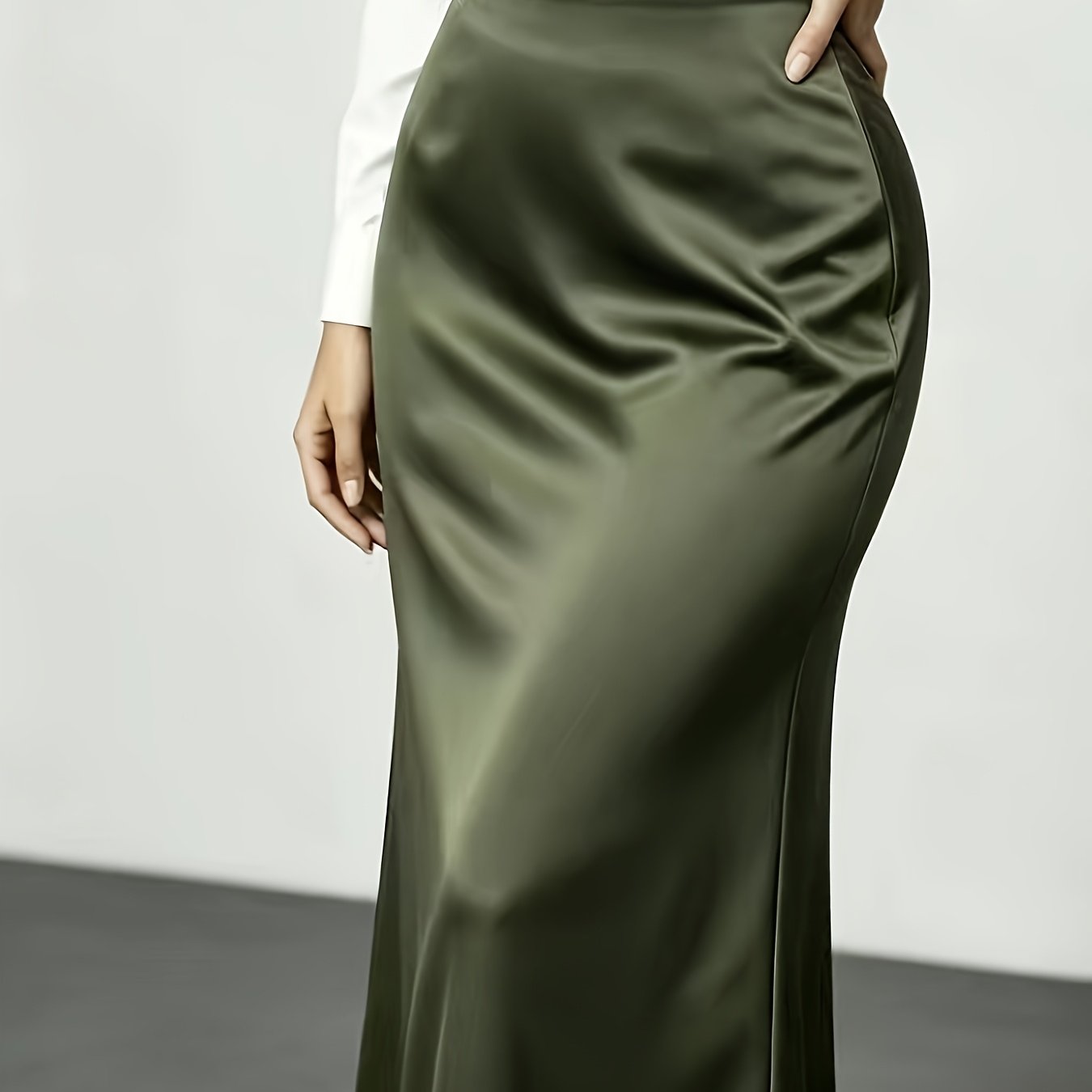 TEMU Army Green Satin--waisted Skirt, Summer Draped A-line Mid-length Skirt, And Flattering For Commuting And Dating, Fishtail Skirt