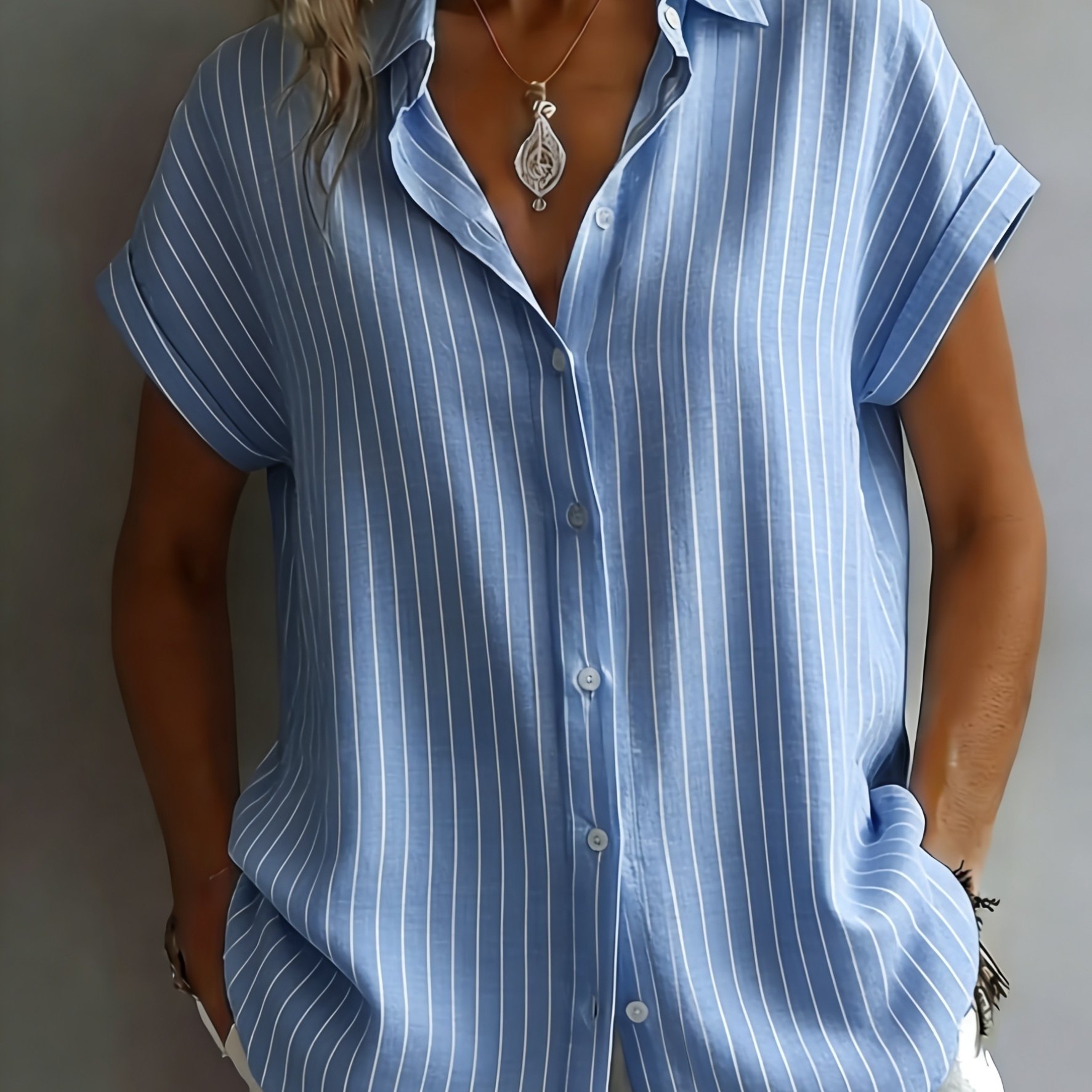TEMU Plus Size Women's Striped Short-sleeve Cardigan Tunic, Versatile Casual Shirt