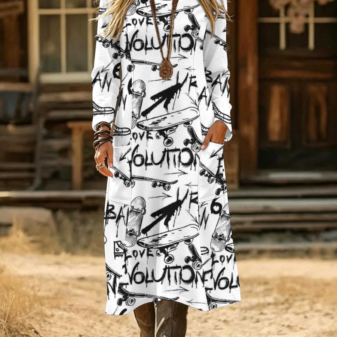 TEMU Plus Size - 2026 Women's Elegant Casual Printed Crew Neck Long Sleeve Pocket Dress