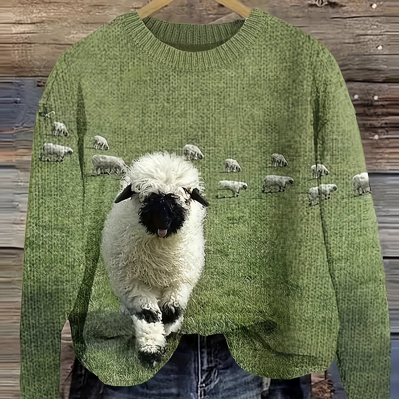 Plus Size, 2d Flat Pattern Green Flock Style Long-sleeve Knitwear