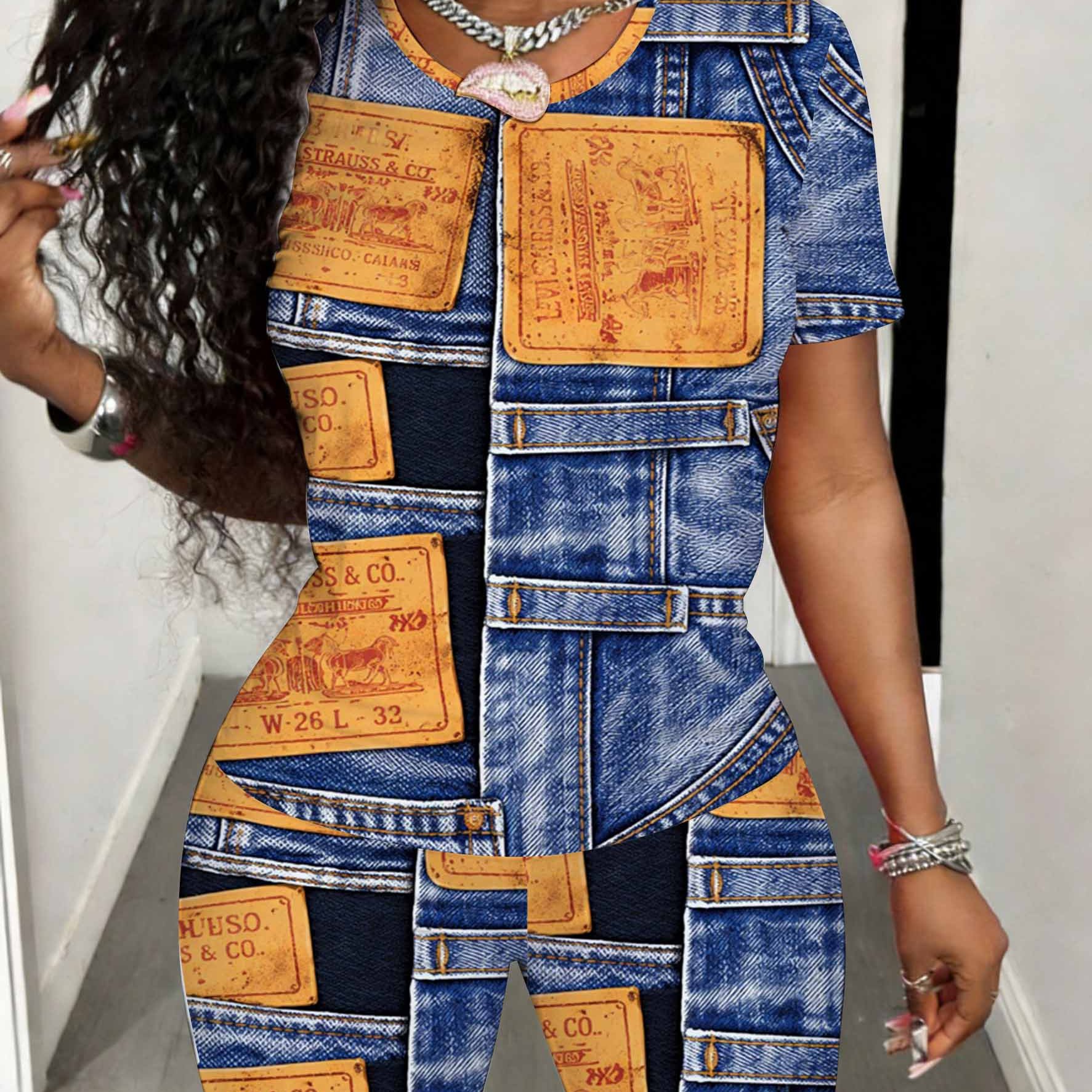 TEMU Women's 2pcs Short Set Denim Print Striped Tshirt & Shorts Matching Casual Streetwear