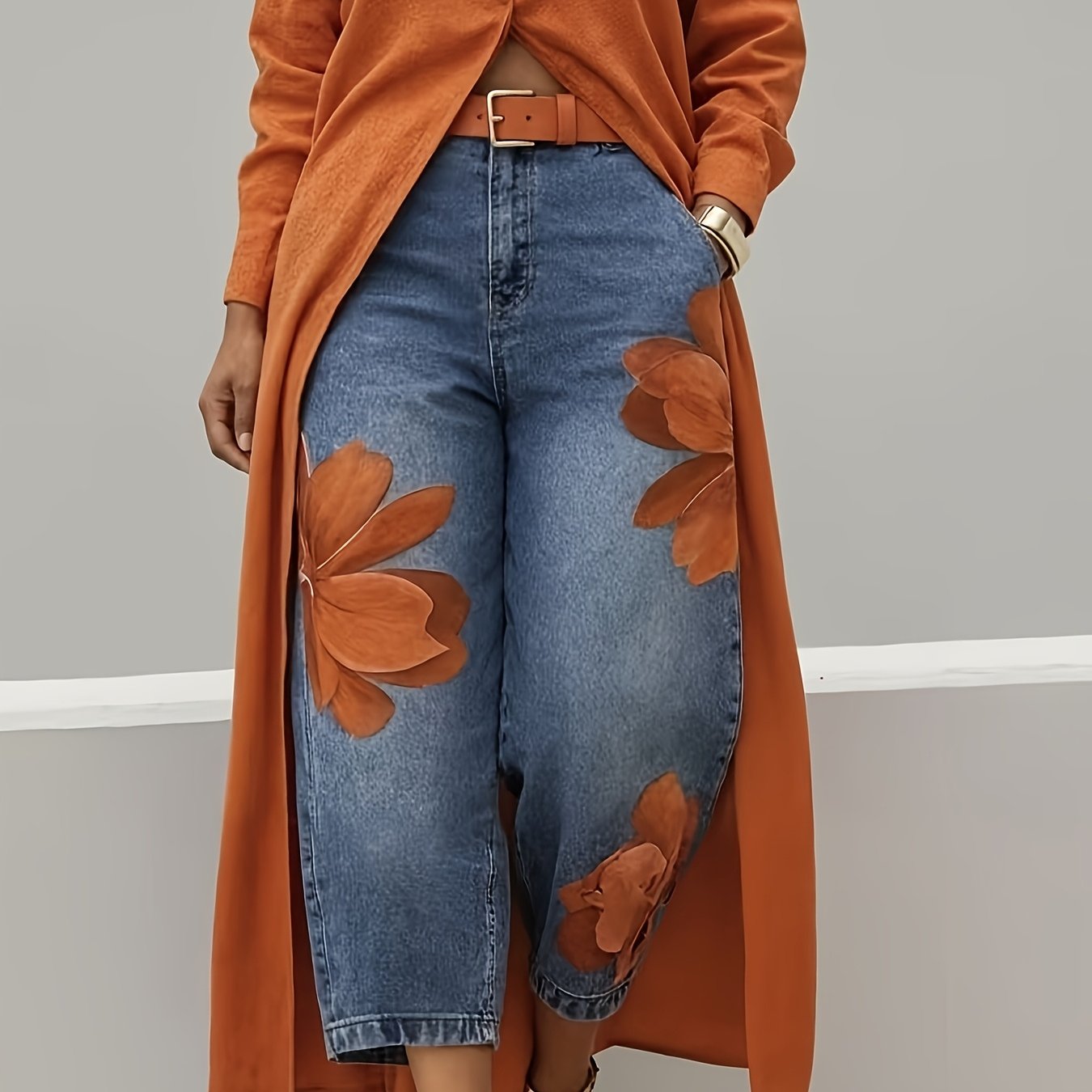 TEMU Women's Fashion Loose Wide-leg Cropped Jeans, Made Of Comfortable And Wear-resistant Denim Fabric With Floral Print Design, Loose Wide-leg Cut,