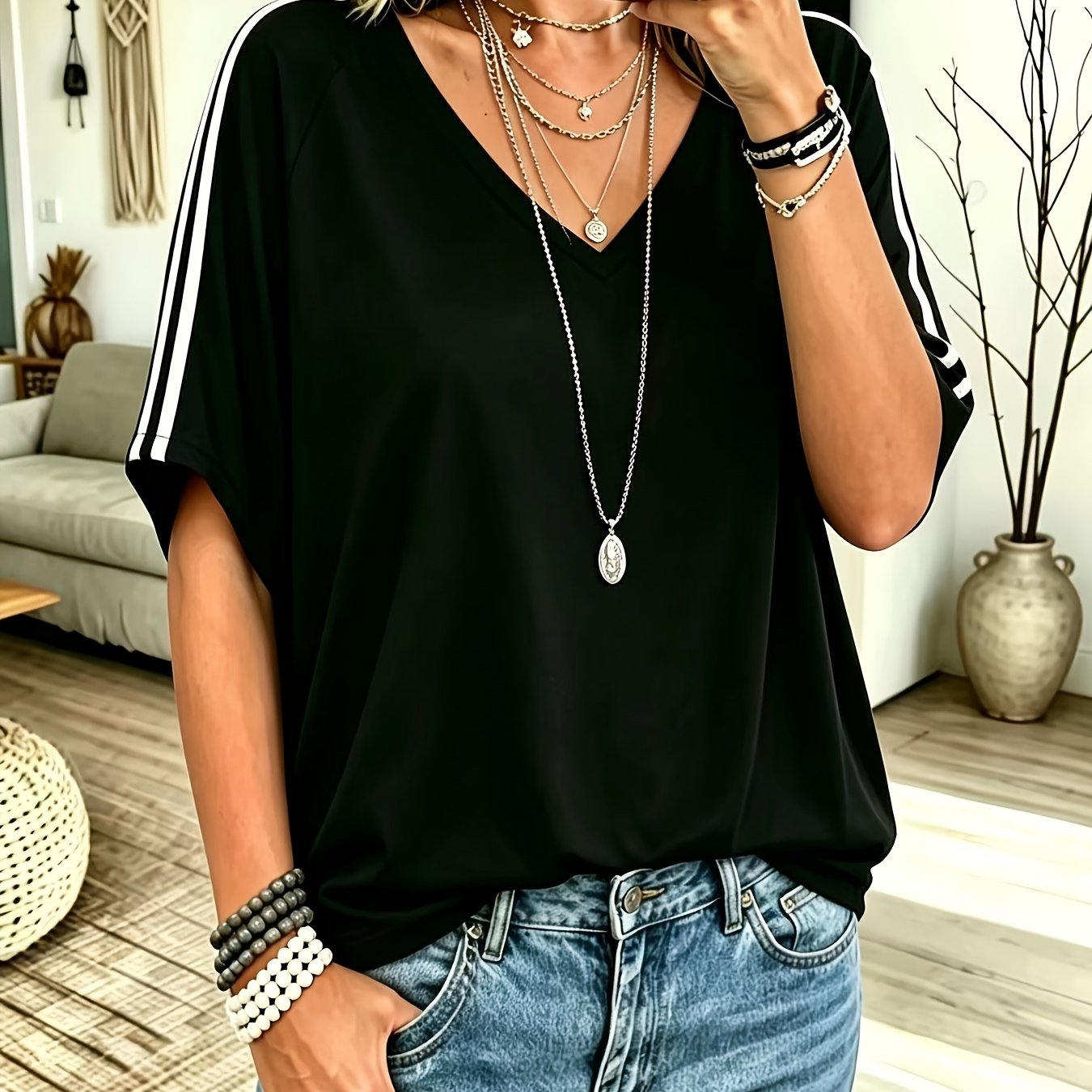 TEMU Plus Size, Women's Plus Size Oversized -neck Batwing Sleeve T-shirt - Short Sleeve Color- Stripe Top With Batwing Design, Machine Washable