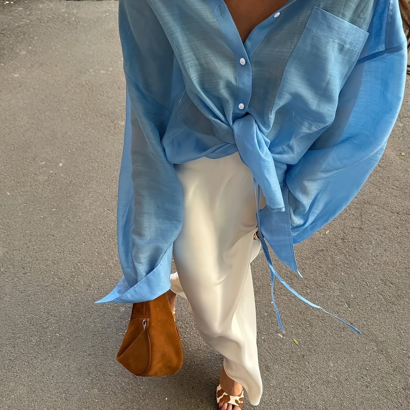 E-shop Unifarbenes Langarmhemd mit Knopfleiste Umlegekragen, Modische Seitenschnür-Bluse für Damen