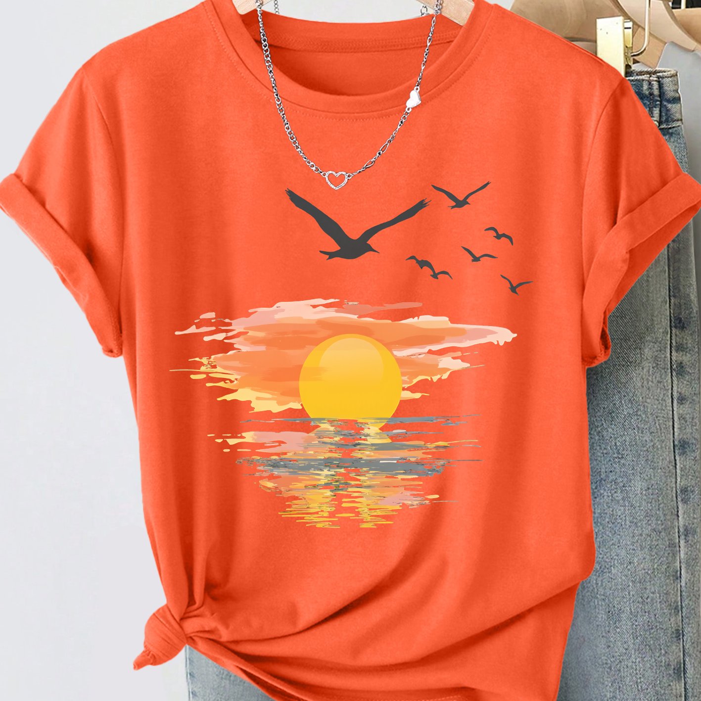TEMU Women's Summer Clothing Sunset Flying Bird Seaside Style Printed Round Neck Short-sleeved Plus Size Women's T-shirt Fashion Commuting Vacation