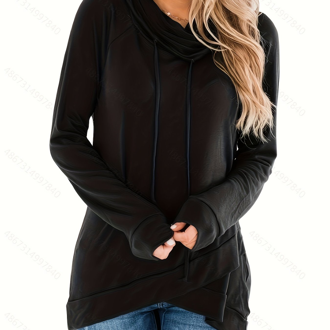 Autumn Winter Women's Turtleneck Waist-cinching Top Long Sleeve Hooded Sweater Casual Drawstring Casual Shirt