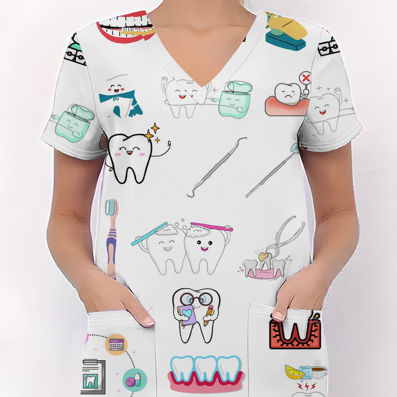 TEMU Women's Fashion V-neck Short-sleeve Uniform With Pockets, Featuring Vivid Cartoon Elements, Breathable , Suitable For And Daily Use. Comfortable