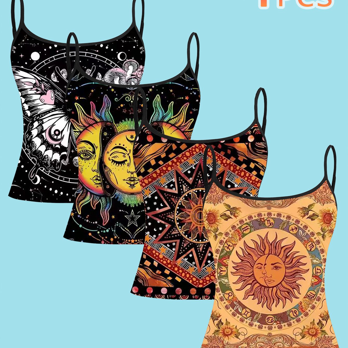 TEMU 4pcs Women's Vintage Astrology Sleeveless - Y2k Off-shoulder/ Neck Blouses With Full-body Print (,,) For - Wear, Costume & Everyday Outfits -