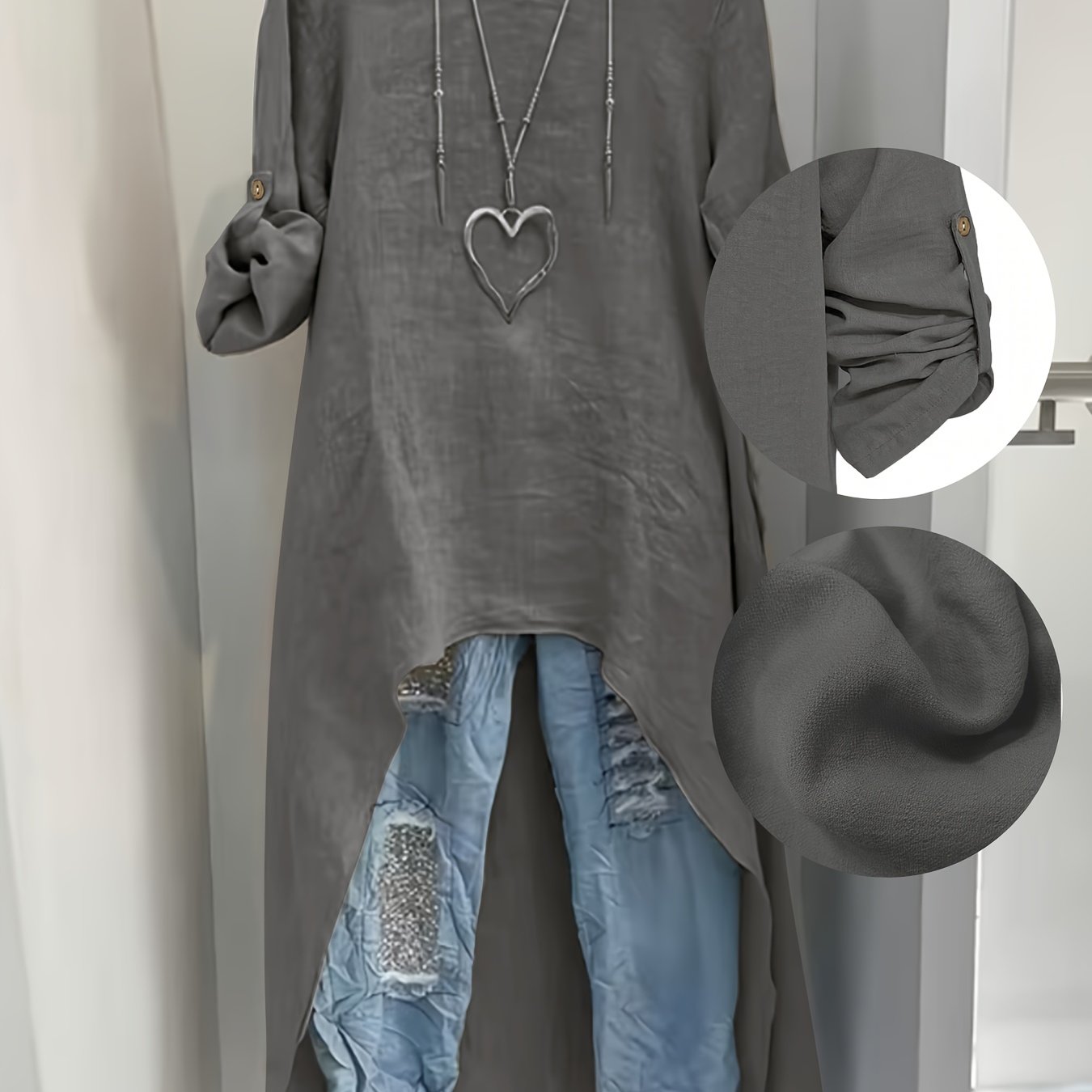 TEMU Women' Elegant Asymmetric Oversized Shirt - Loose Fit Long Sleeve Round Neck Blouse With Short Front & Extended Back Length, Layering Piece