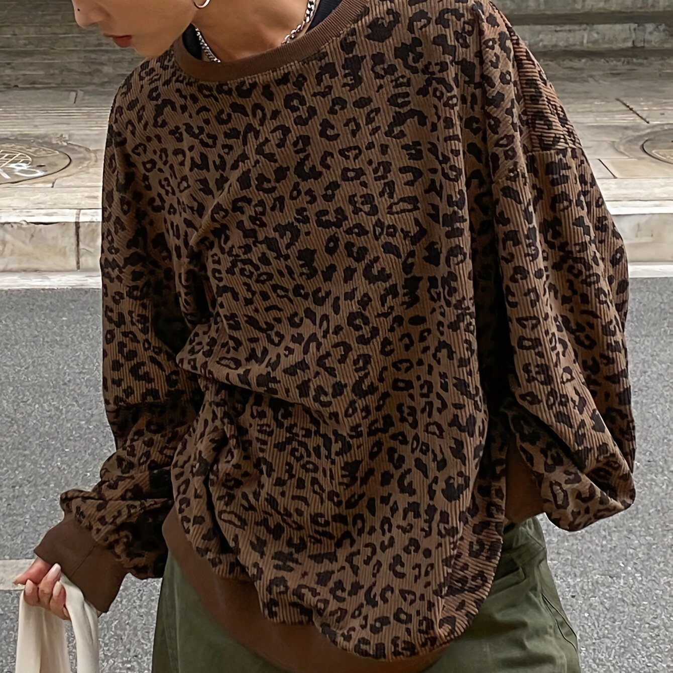 TEMU Women's Leopard Print Oversized Crew Neck Sweatshirt - Casual, Long Sleeve, Machine Washable - Perfect For Fall/winter