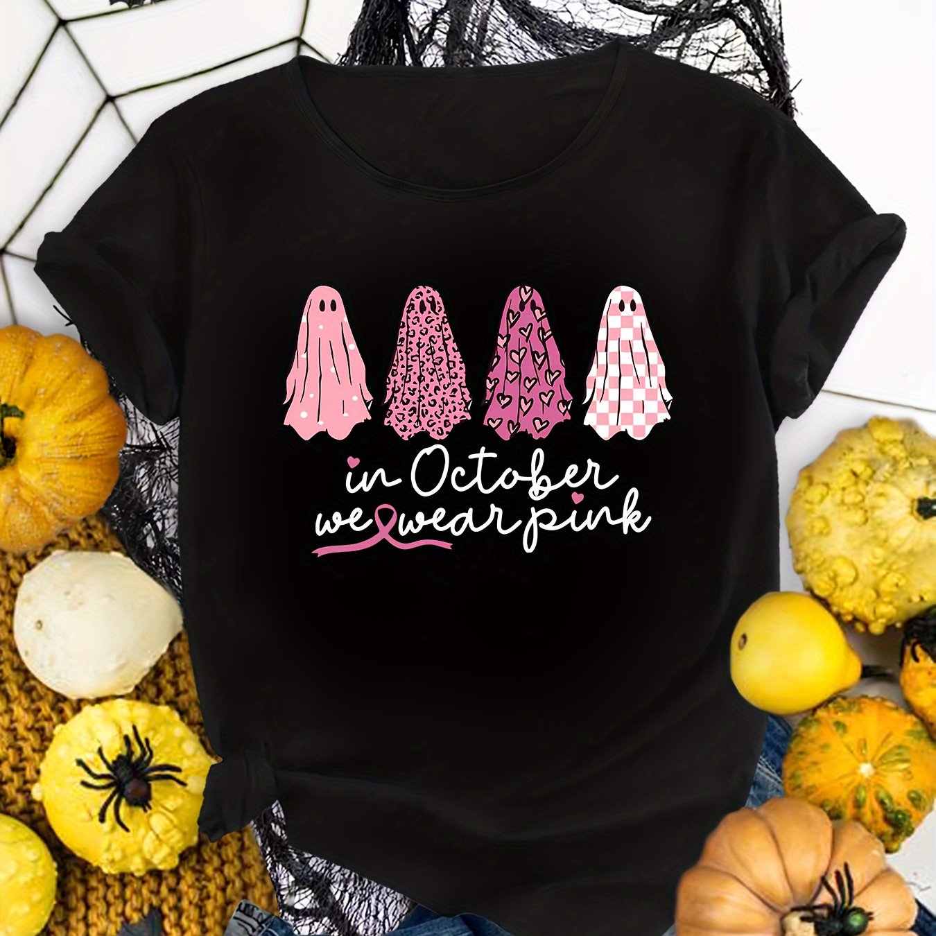TEMU Plus-size Women's Halloween Graphic T-shirt - "in October " & Pumpkin Design, Black Casual Short Sleeve Round Neck Top, Machine Washable, Halloween Clothes