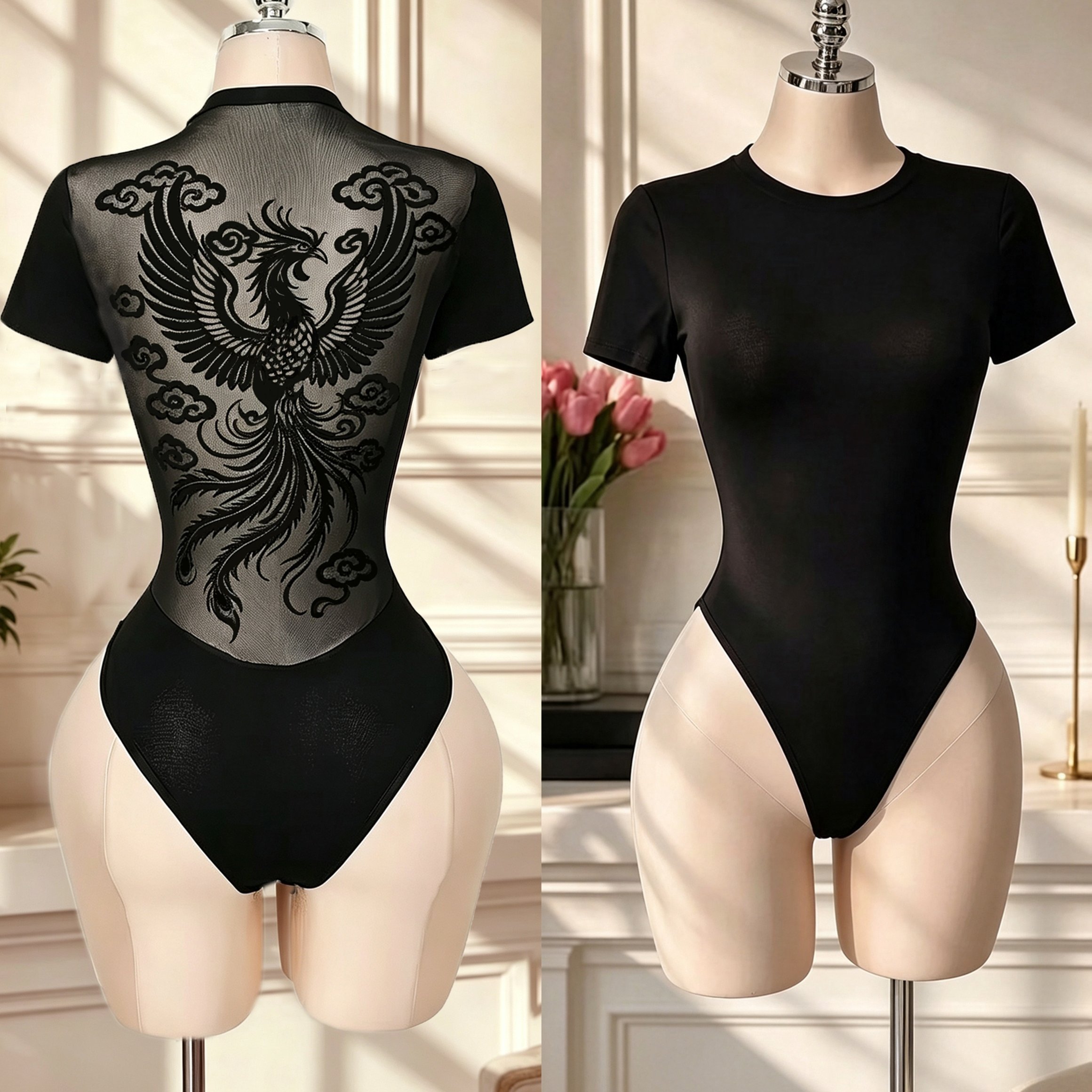 TEMU Women's Elegant Semi-sheer Short-sleeve Bodysuit With Phoenix Reborn Mesh Back Panel - Round Neck -compatible Suitable For Parties, Travel,