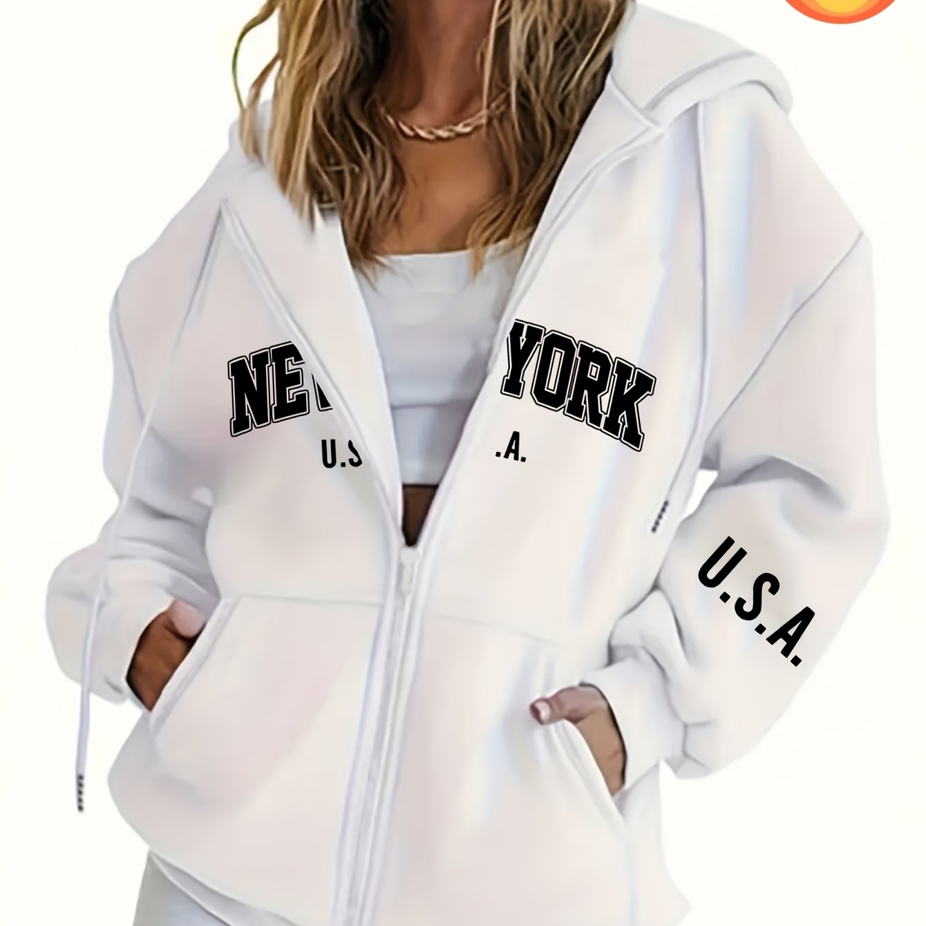TEMU Sweat à capuche zippé décontracté pour femmes avec imprimé lettrage, doublure confortable lavable en machine, chaud pour automne/hiver, design ,