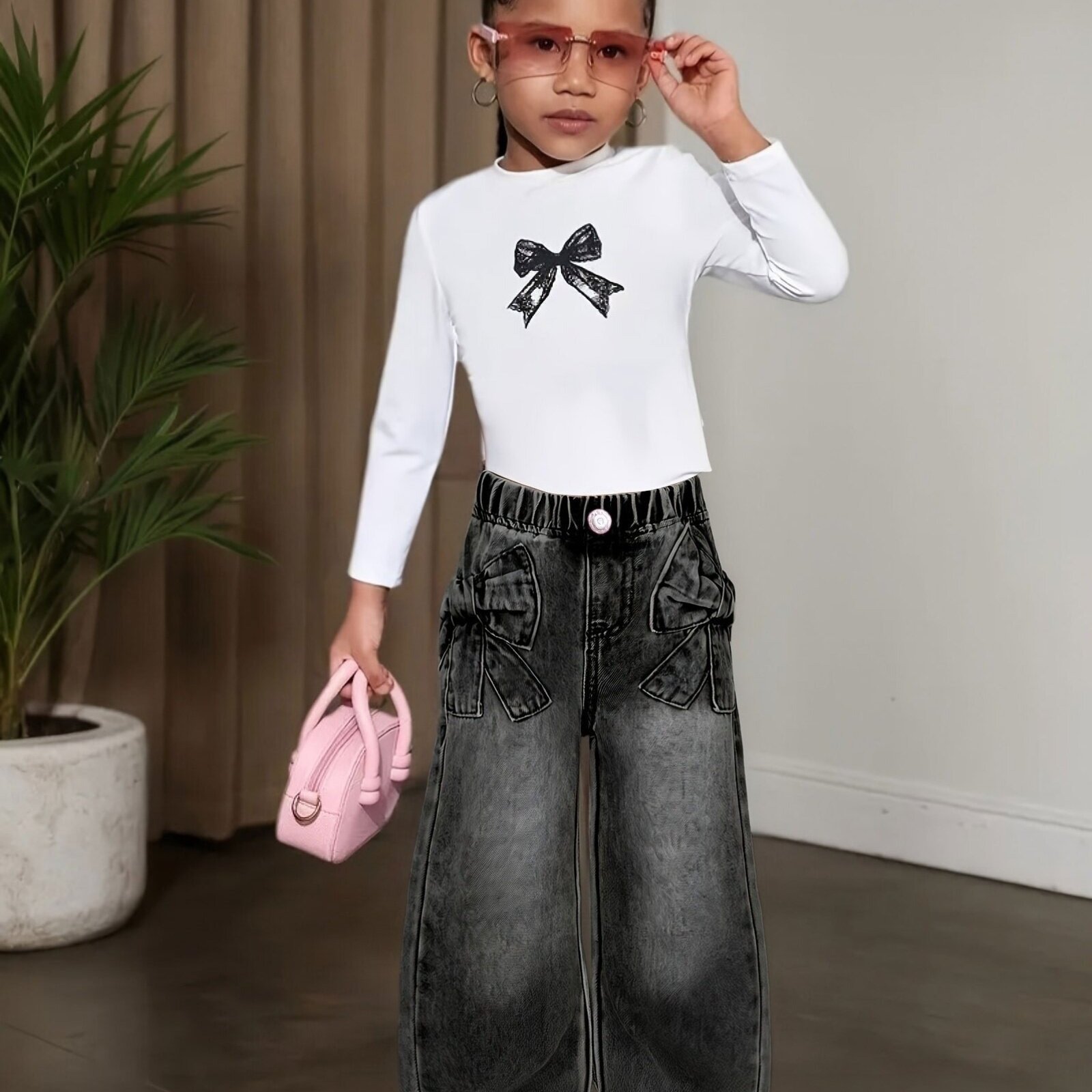 Image of Girls' Y2k Wide-leg Jeans With Patches And Elastic Waistband - Light Blue Denim Style Trousers, Loose -season , Machine Washable