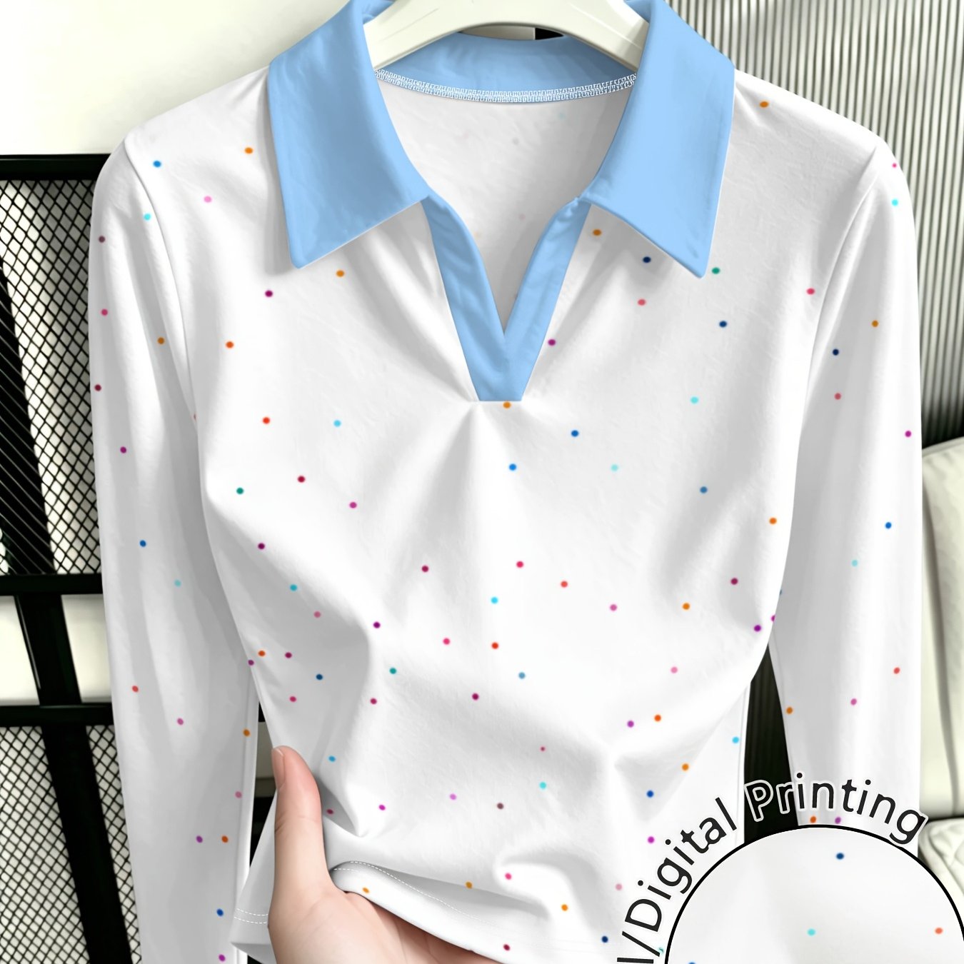 TEMU Plus Size, Women's Long-sleeve Shirt With And Colorful Polka Dots, /autumn Style, Sky Blue Lapel With Contrast Color For A Effect, Base Layer