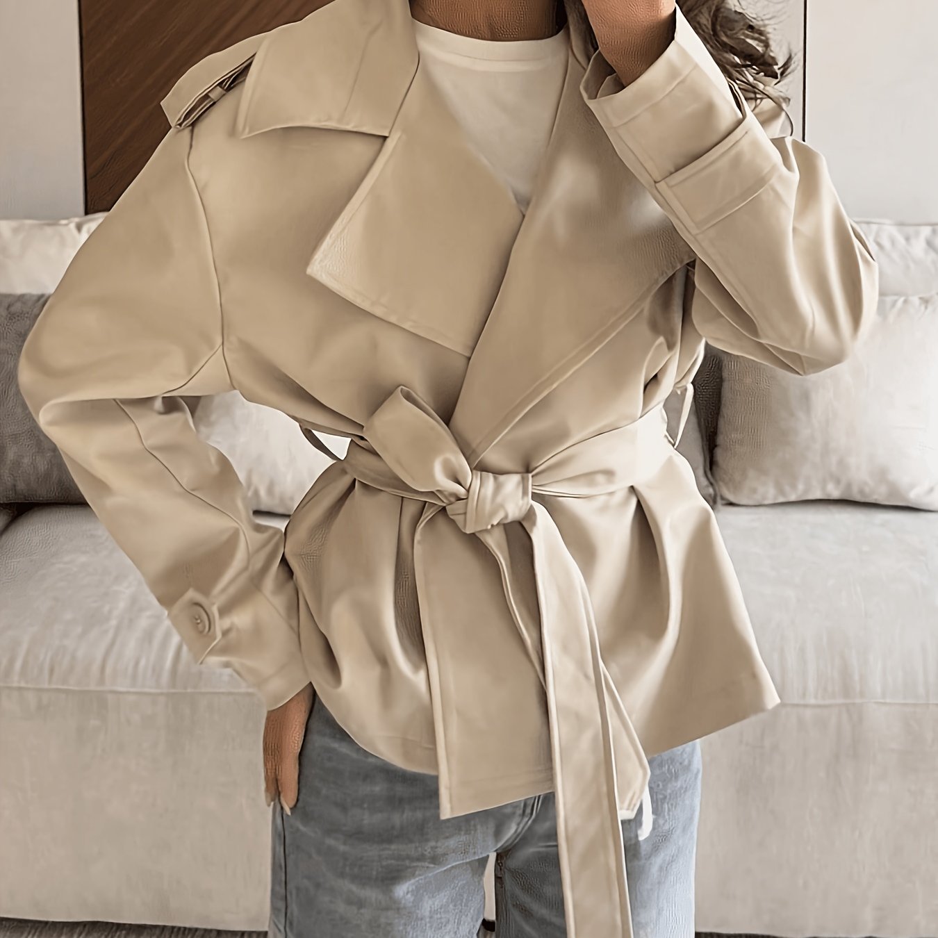 TEMU Casual And Elegant Festive Outfits, Loose Outerwear With Belts, Street-style Coats Suitable For Spring, Autumn, And Winter, -style Trench Coats