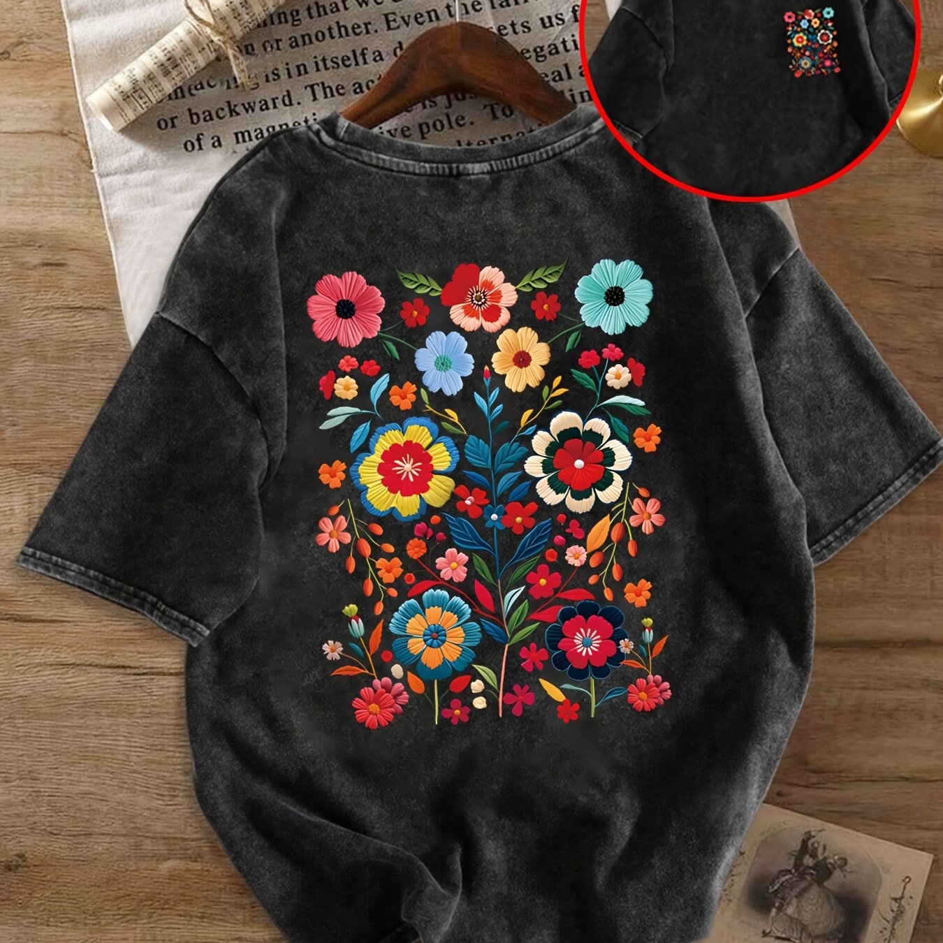Image of Flower Print Loose Round Neck Fashion Women's Wash Short Sleeve Burning-out Printing