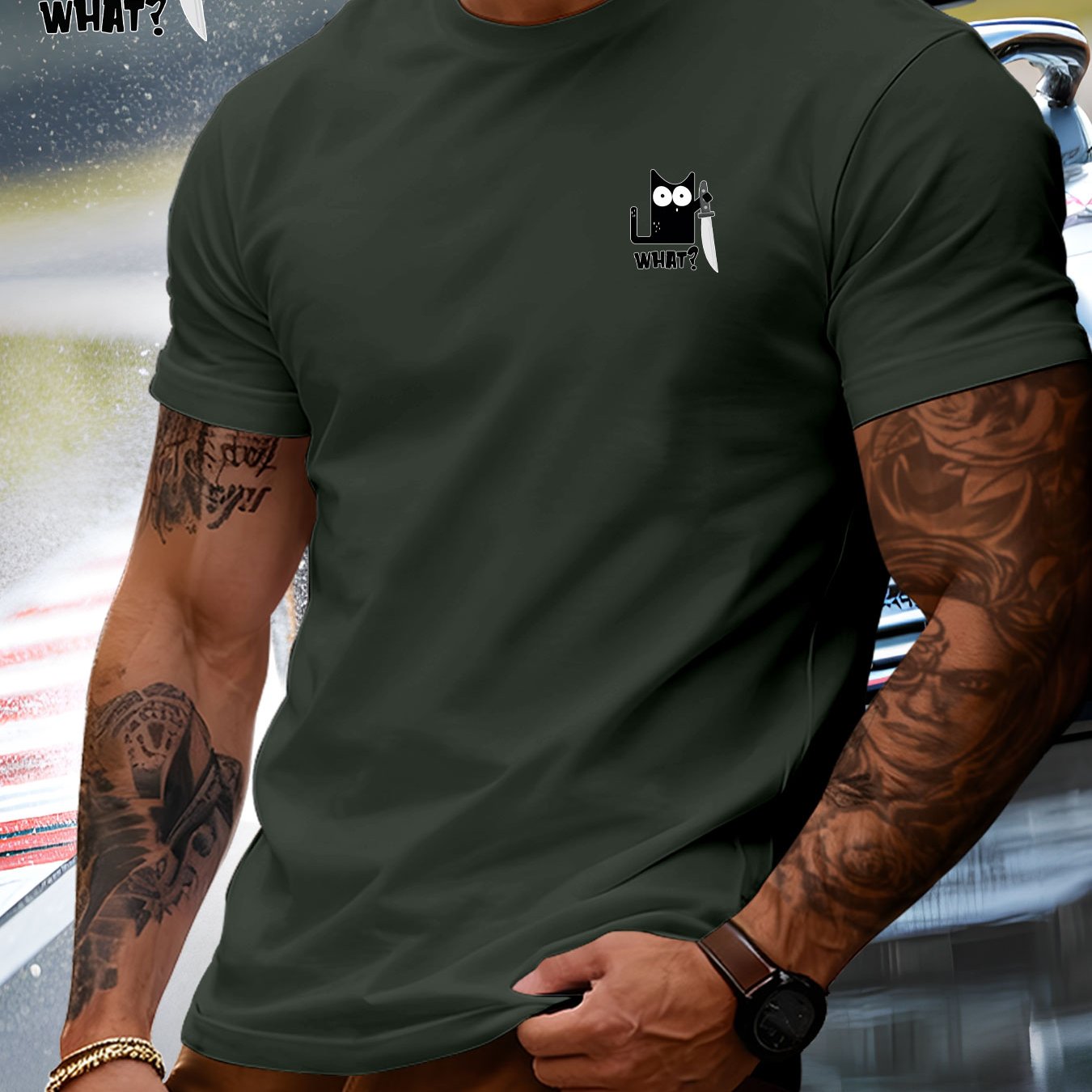 TEMU Men's Summer Casual Short-sleeve T-shirt With Cat Holding A Knife Print, Versatile And Trendy Men's Apparel, Short-sleeve Top For Outdoor Wear