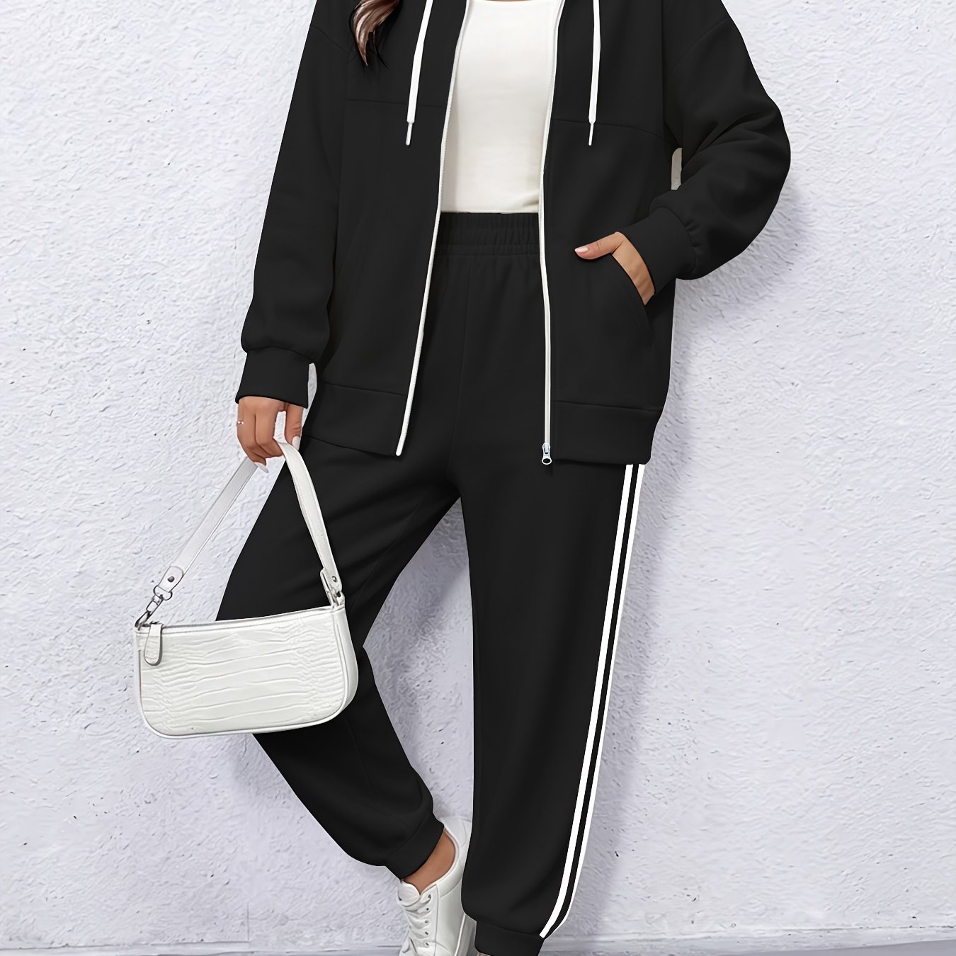 Image of Plus Size - Autumn And Winter Women's Drawstring Hooded Cardigan Zipper Jacket, With Casual Trousers Solid Color Two-piece Set, Suitable For Daily Home And Outdoor Wear