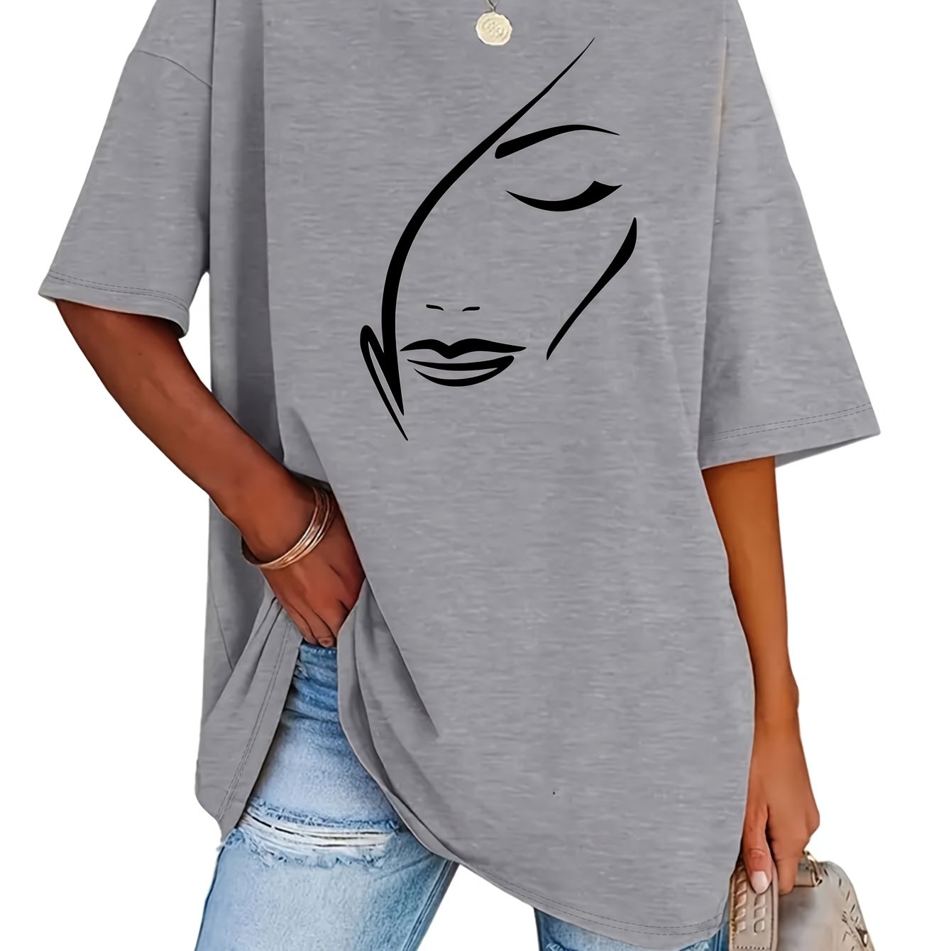 Plus Size, Pattern Print Fashion Round Neck T-shirt Plus Size