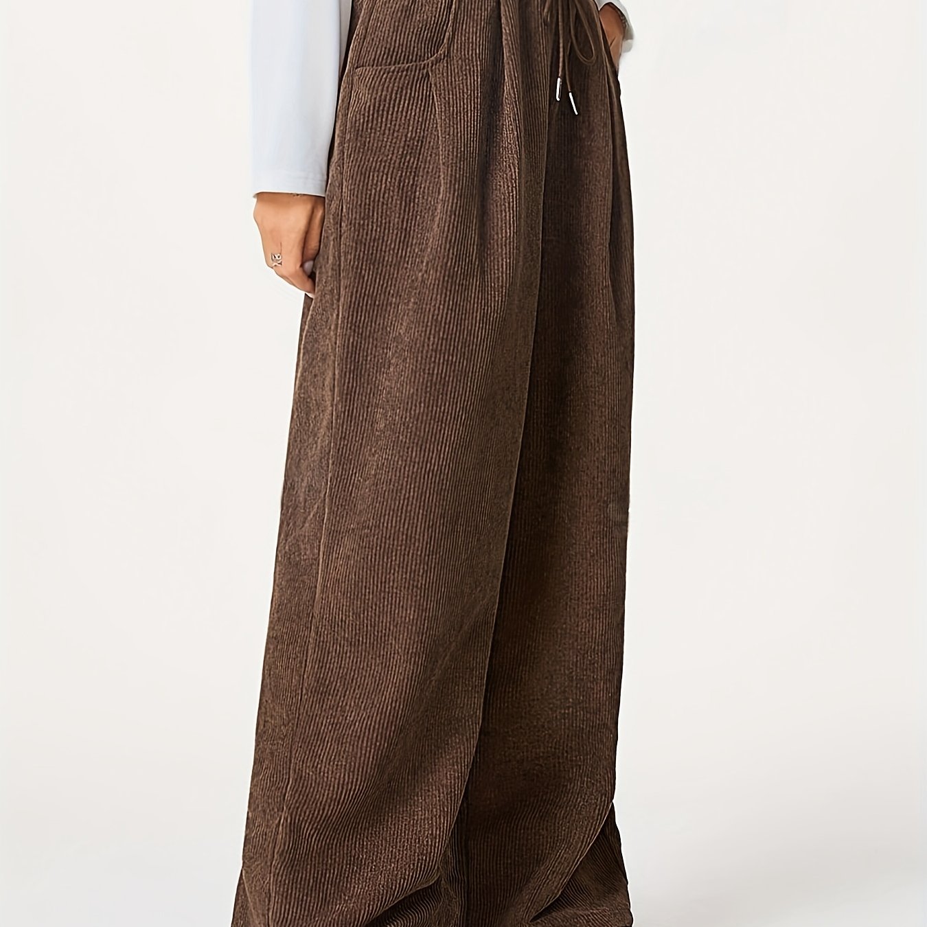 Drawstring Wide Leg Pants For Autumn And Winter, Casual Long Trousers With Pockets, Women's Clothing