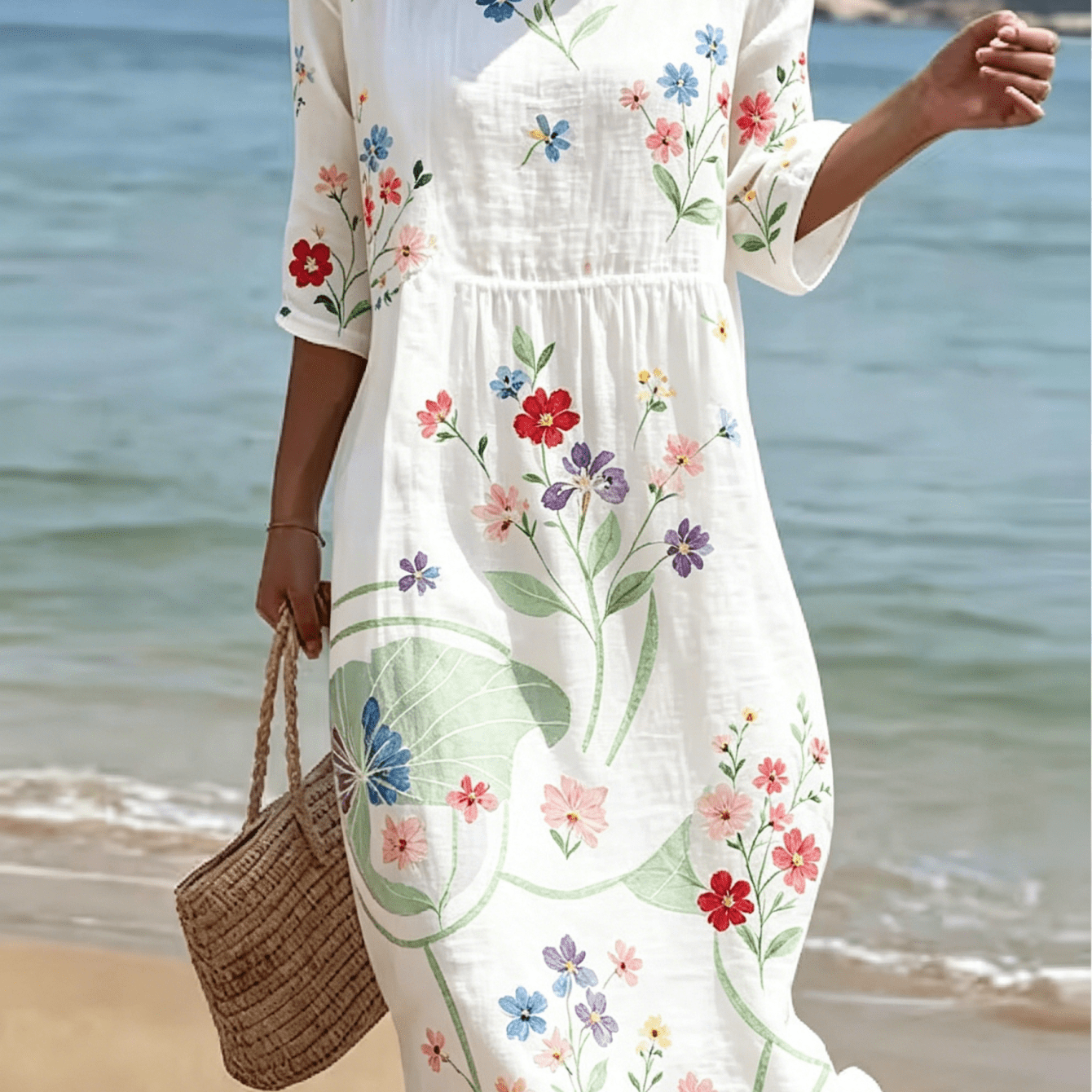Image of Watercolor Rainbow Multicolor Wild Floral Lotus Leaf Women's Midi Beach Dress, Half Sleeve Round Neck Elastic Waist Loose Vacation Dress, Soft Breathable Elegant Bohemian Summer Casual Sundress