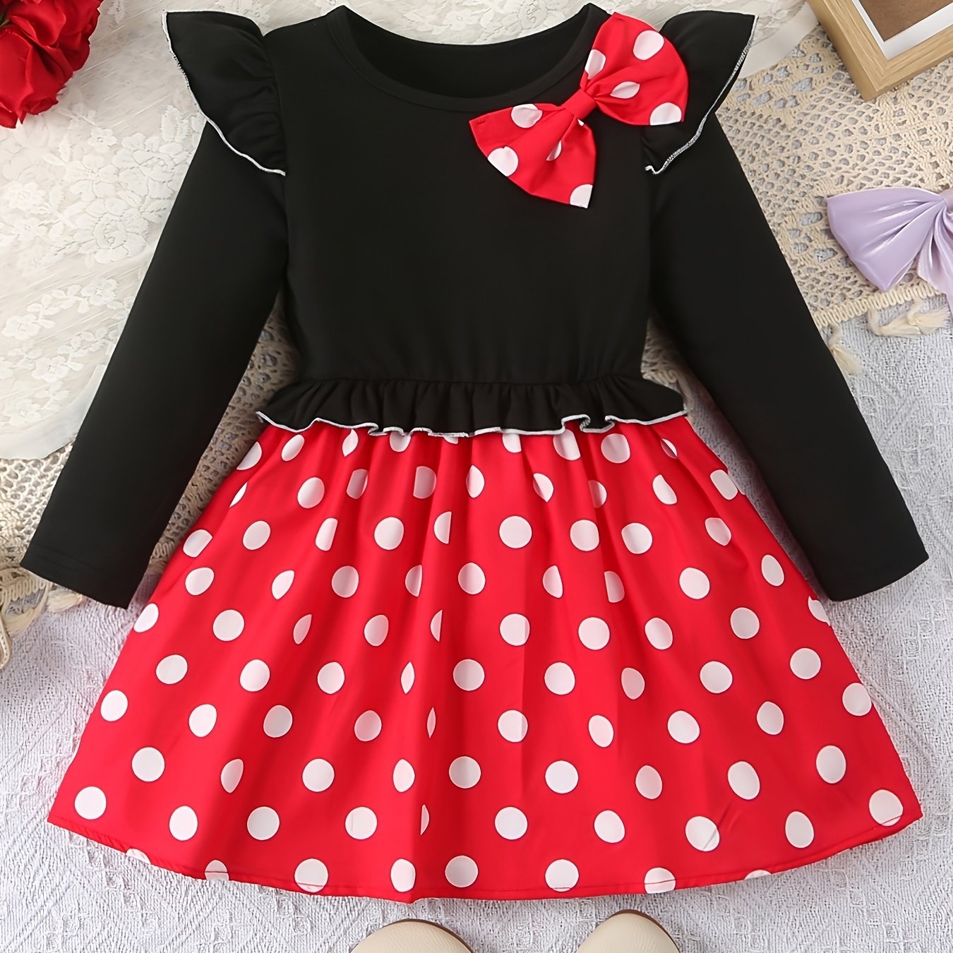 Image of Girls' Spring Long Sleeve Heart Cartoon Dress Polka Dot Floral Dress