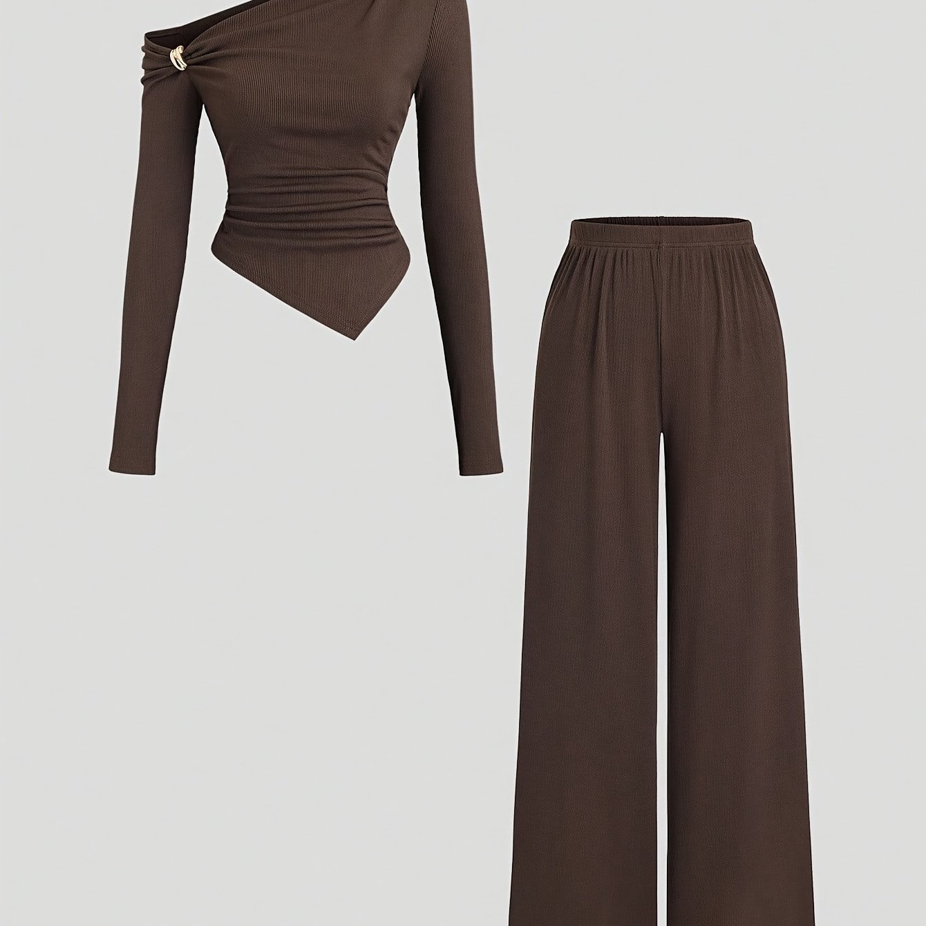 Women's Spring/summer Multi-functional 2pcs Set, Metallic Embellished Asymmetrical Off-shoulder Long Sleeve Top And Casual Straight Wide Leg Trousers Outfit