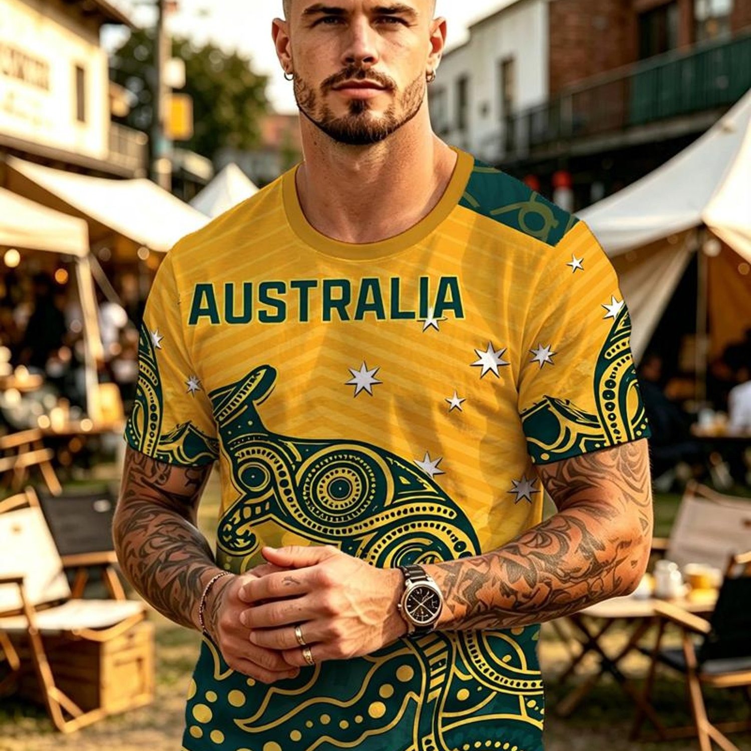 TEMU Men's Soccer T-shirt, Sports Casual Short Sleeve, Australian-themed Kangaroo Design, Polyester Material, Multiple Sizes Available, Mixed Colors,