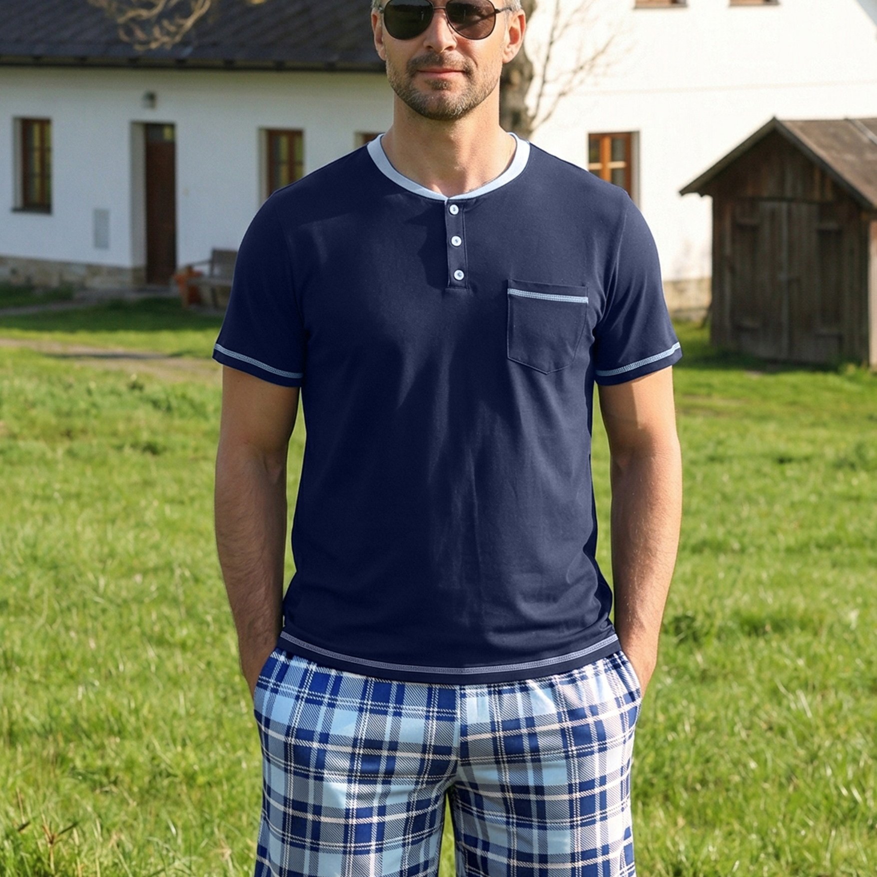 Men's Cotton Short-sleeved Pajamas, 2pcs Set With T-shirt And Shorts, Nightwear, Men's Loungewear