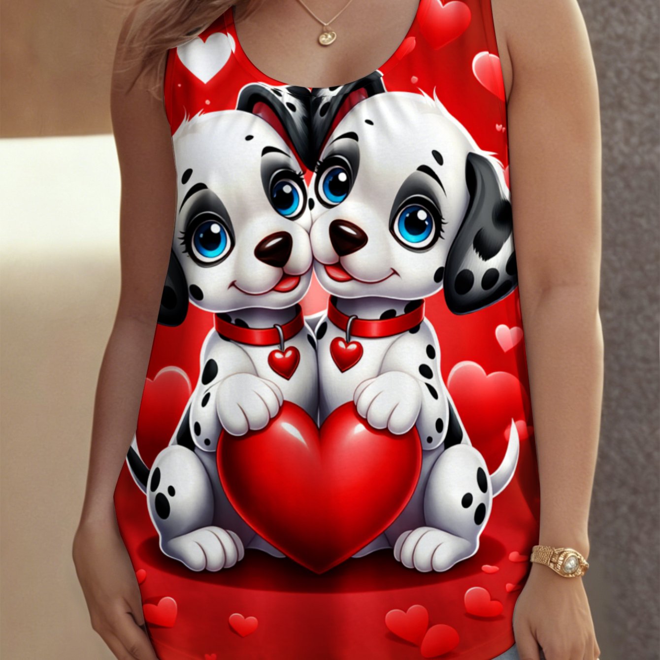 TEMU Plus Size - Women's Plus Size Crew Neck Sleeveless Tank Top, Sizes 0xl-9xl Dalmatian Puppies Hearts Fashionable Crew Neck, Sleeveless Suitable