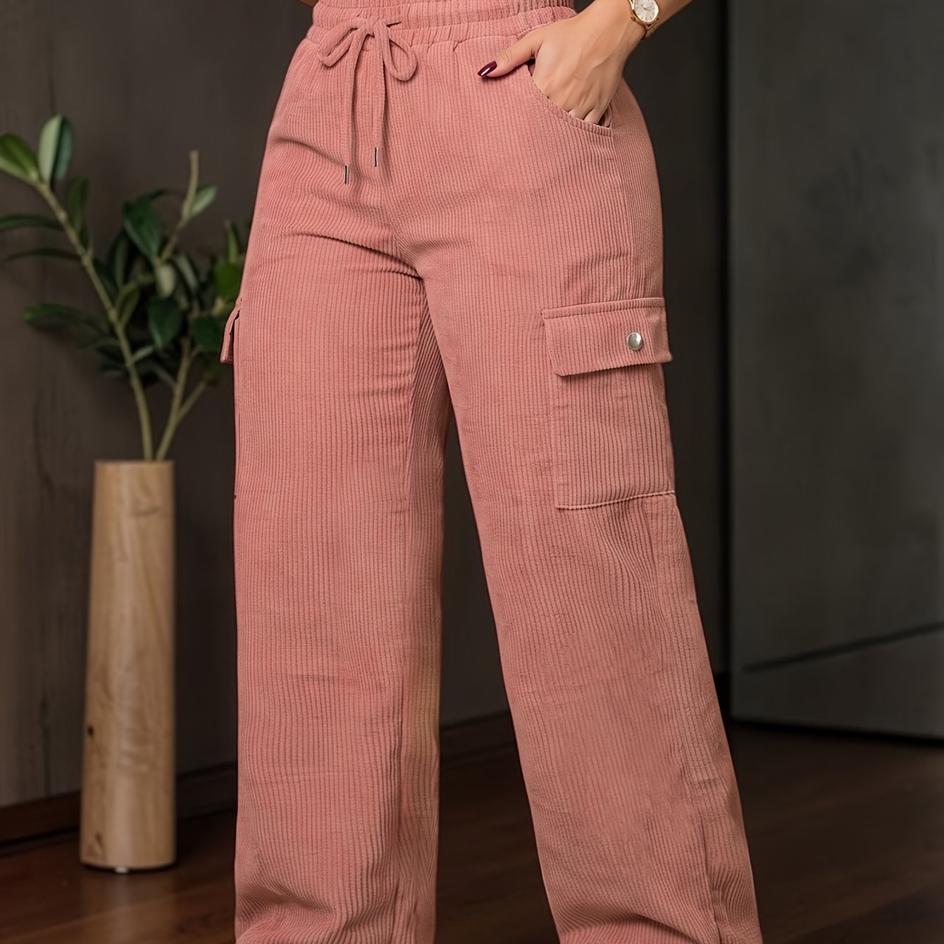 TEMU Pantalones de mujer de tiro y pierna ancha - Pantalones vintage multibolsillos con cintura con cordón, pierna holgada de largo completo,