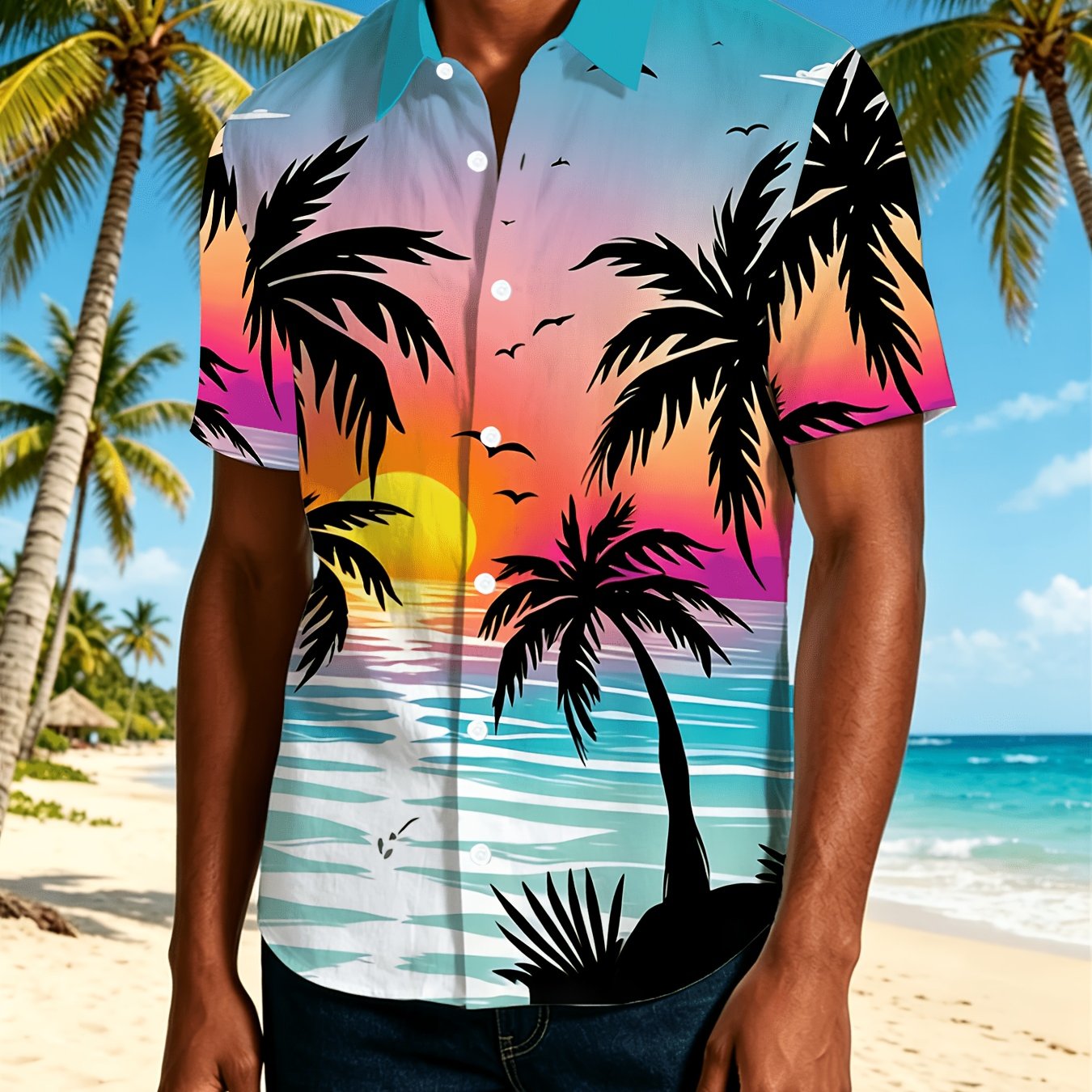 TEMU Men's Summer Shirt, Hawaiian Style And Print. Features A Soft Gradient Sunset Design, Showcasing Seaside And Tree . Shirt Is Short Sleeved,