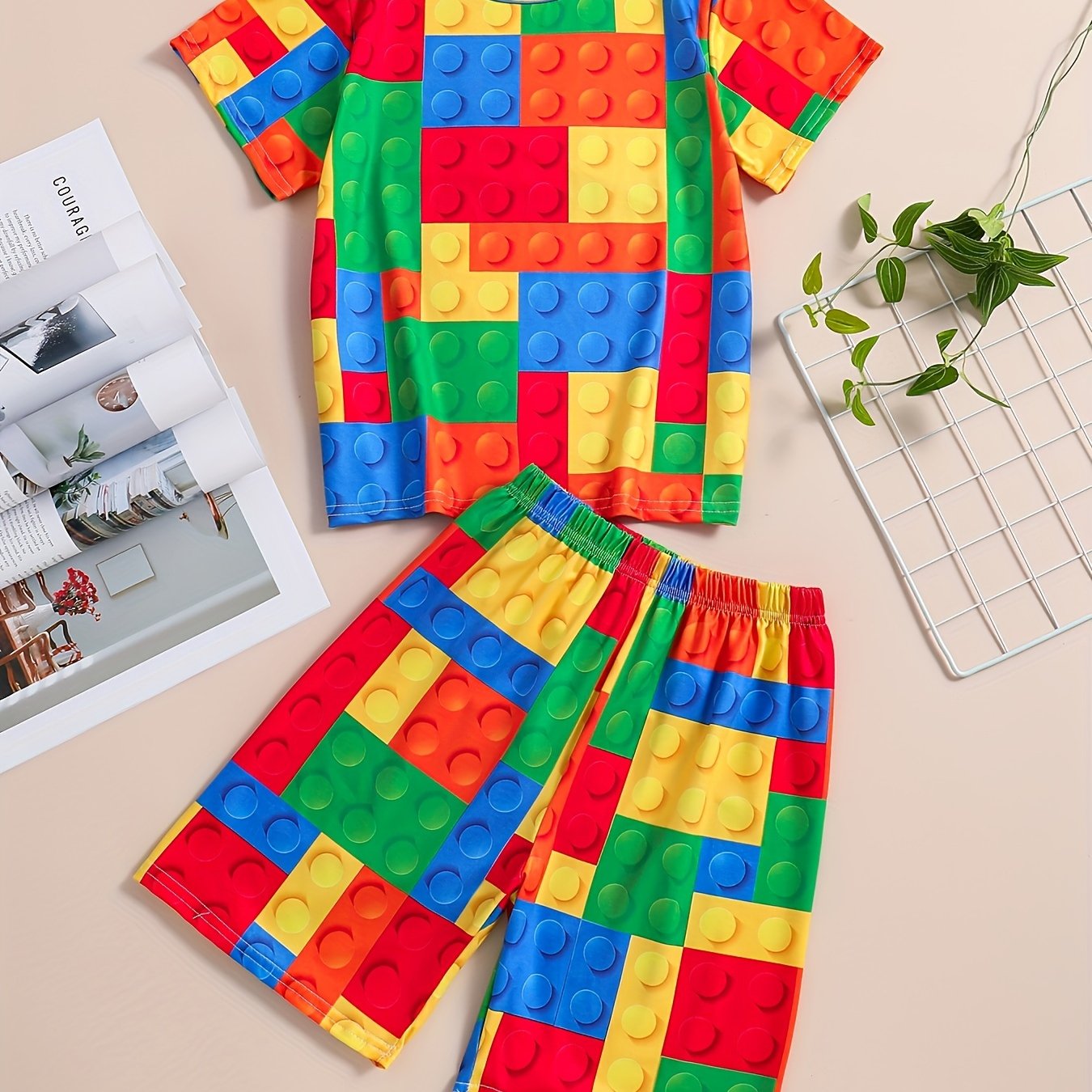 ' Summer Print Shorts Set With Building Blocks