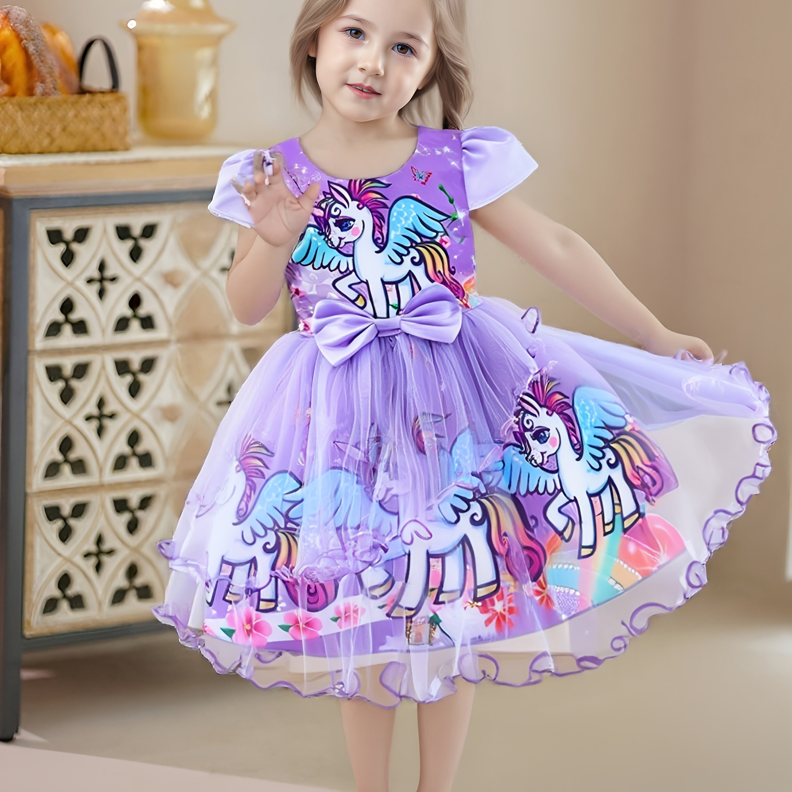 Image of Girls' Summer Petal Sleeve Casual Dress With Unique Cutout Mesh And Unicorn Print, Fashionable Girls' Dress