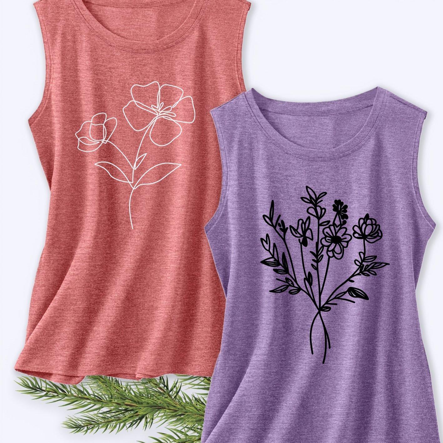TEMU 2pcs Set: Fun And Stylish Women's Pretty Tank Top, Minimalist Floral Series. Soft And Stretchy Round Neck Tank Top, Machine Washable For