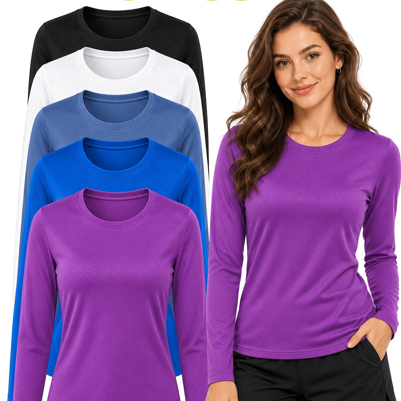 TEMU 5pcs (5pcs) Women's Quick-dry Shirts - Long Sleeve Tops With Full-length Coverage, Lightweight Breathable Crew Neck Solid Color Blouses Suitable