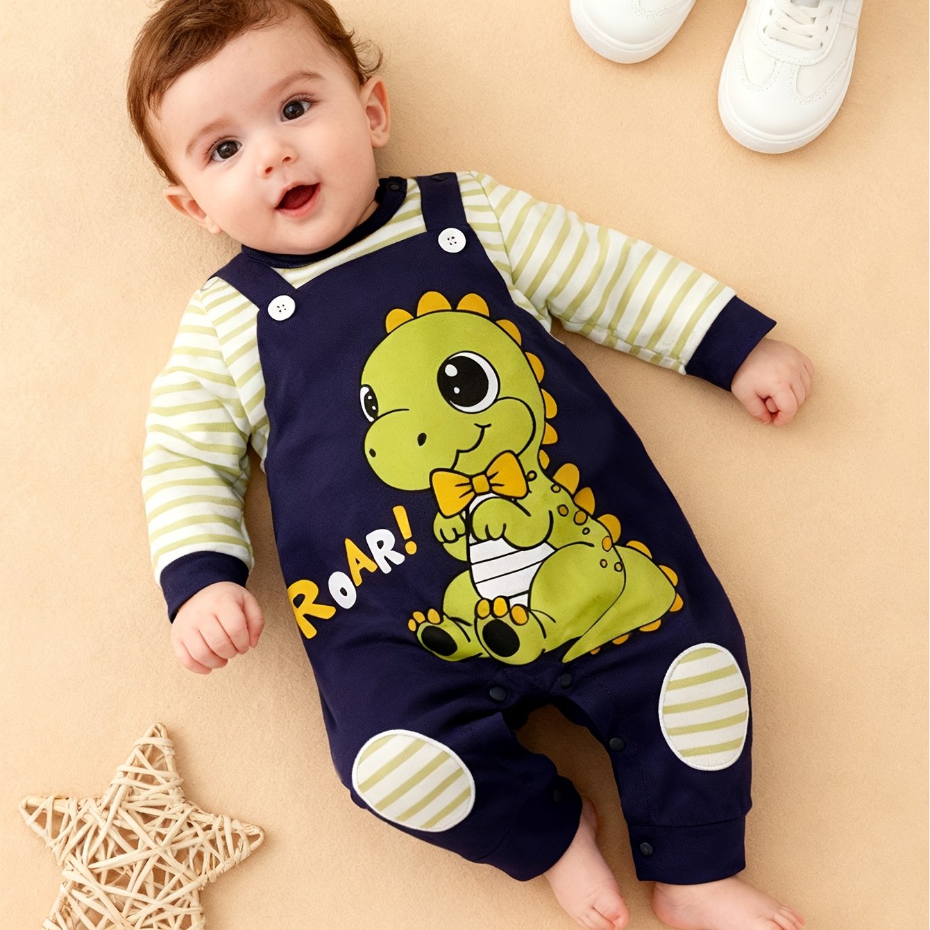 Image of New Autumn Style Fake Suspenders Jumpsuit For Baby Boys, Featuring Dinosaur Stripes, Perfect For And Newborns, For Outdoor