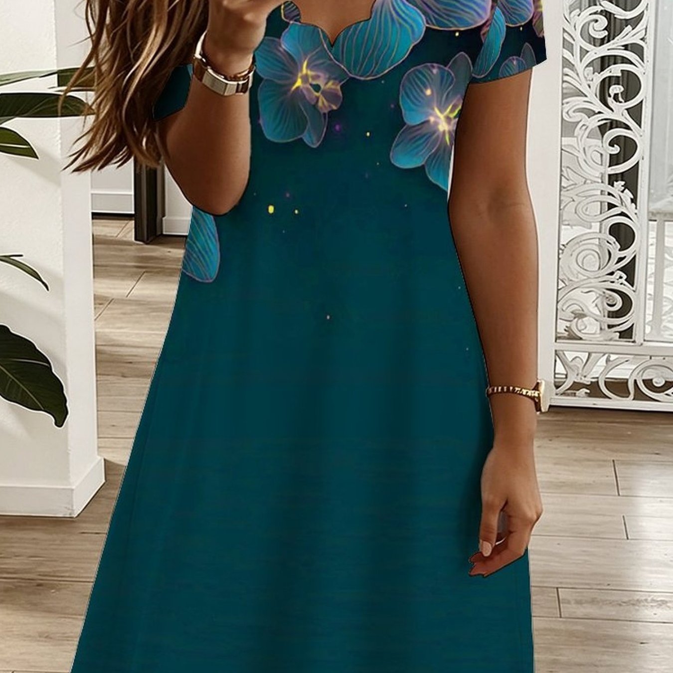 Plus Size - Summer -neck Short Sleeve Dress, All Over Geometric , Elegant Women Dress For Vacation Casual Party
