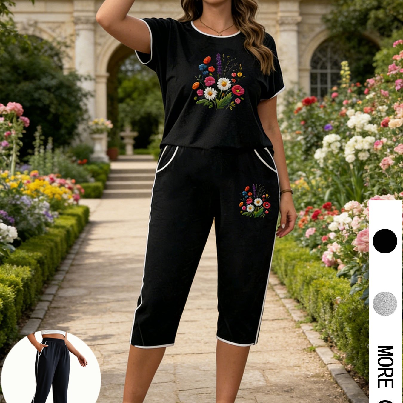 TEMU Plus Size - Plus Size - Casual Plus Size Women's Spring-summer Floral Print Two-piece Set | White- Tie-waist Elastic Pants With Dual Pockets And