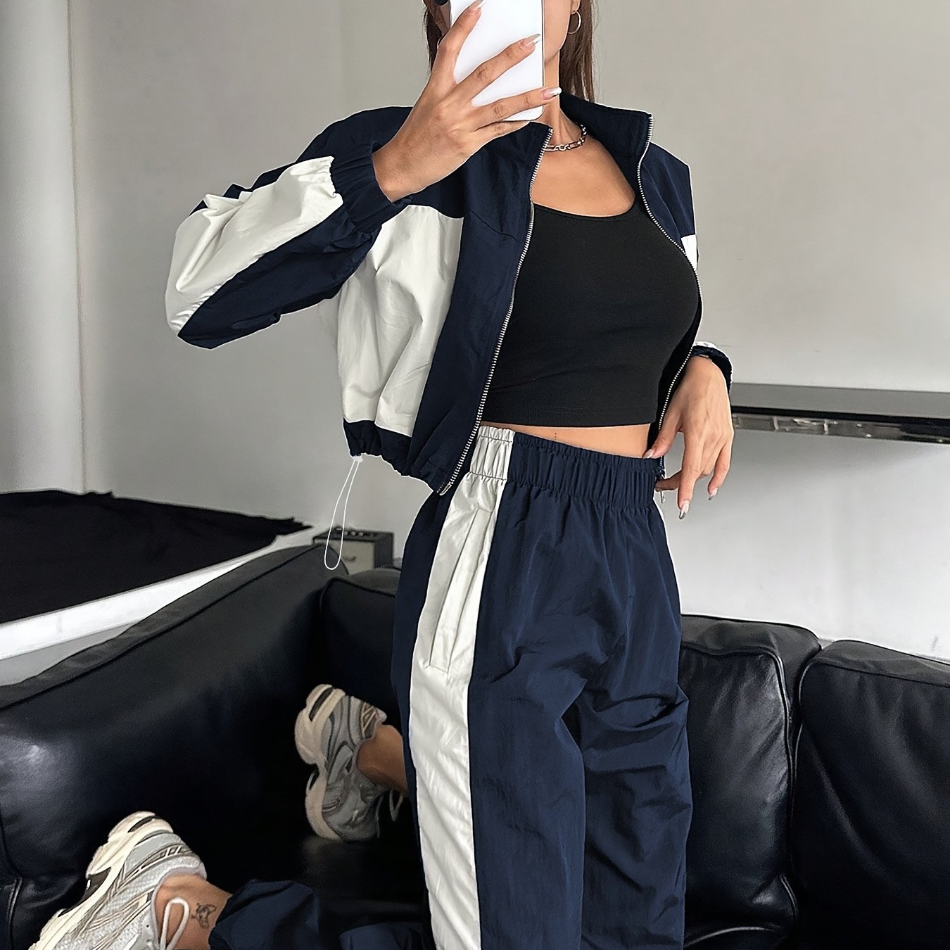 TEMU New Arrival Women's Y2k Style High-waist Sporty Color-block Casual Spring/autumn Set