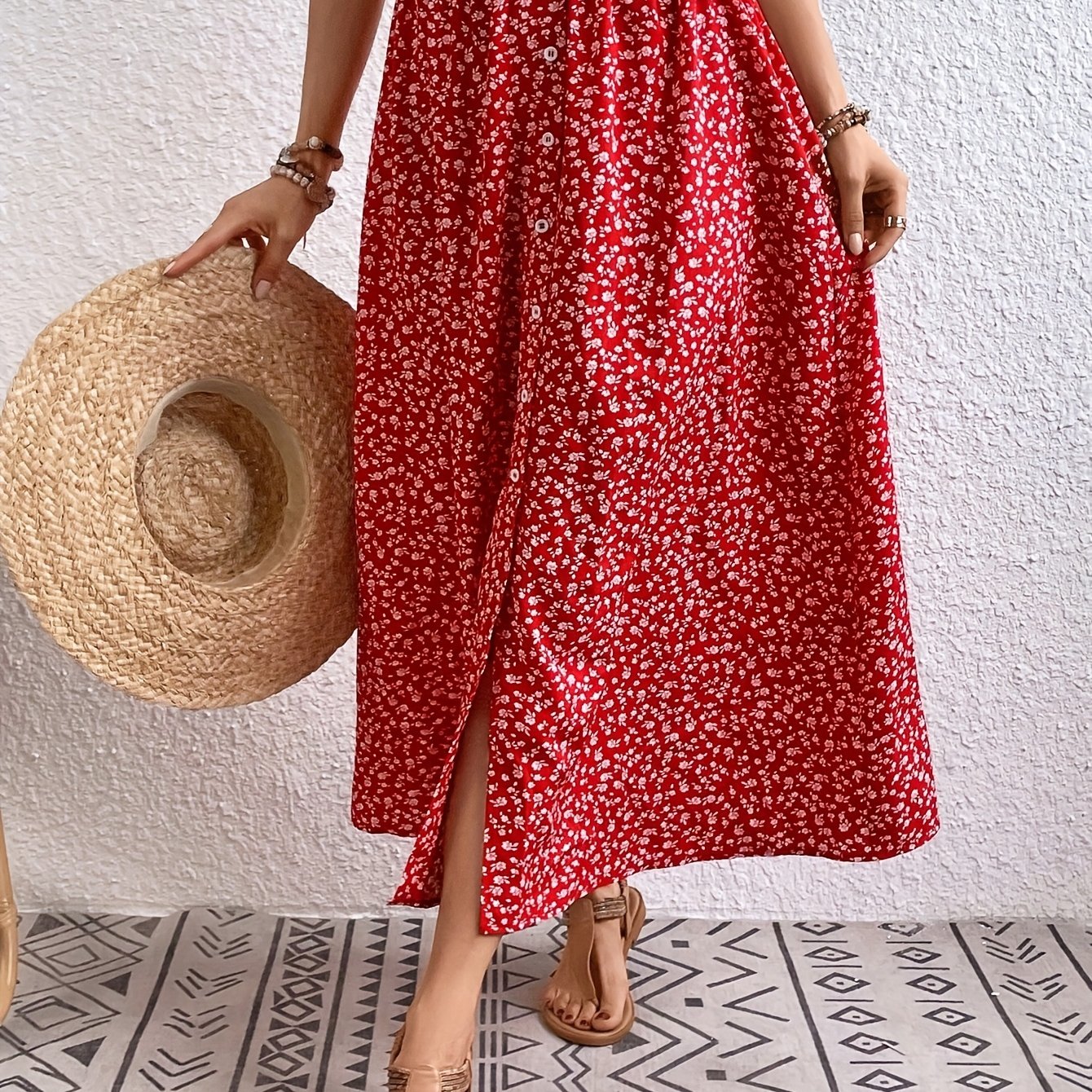 Women's Spring/summer Printed Front Slit Button Skirt