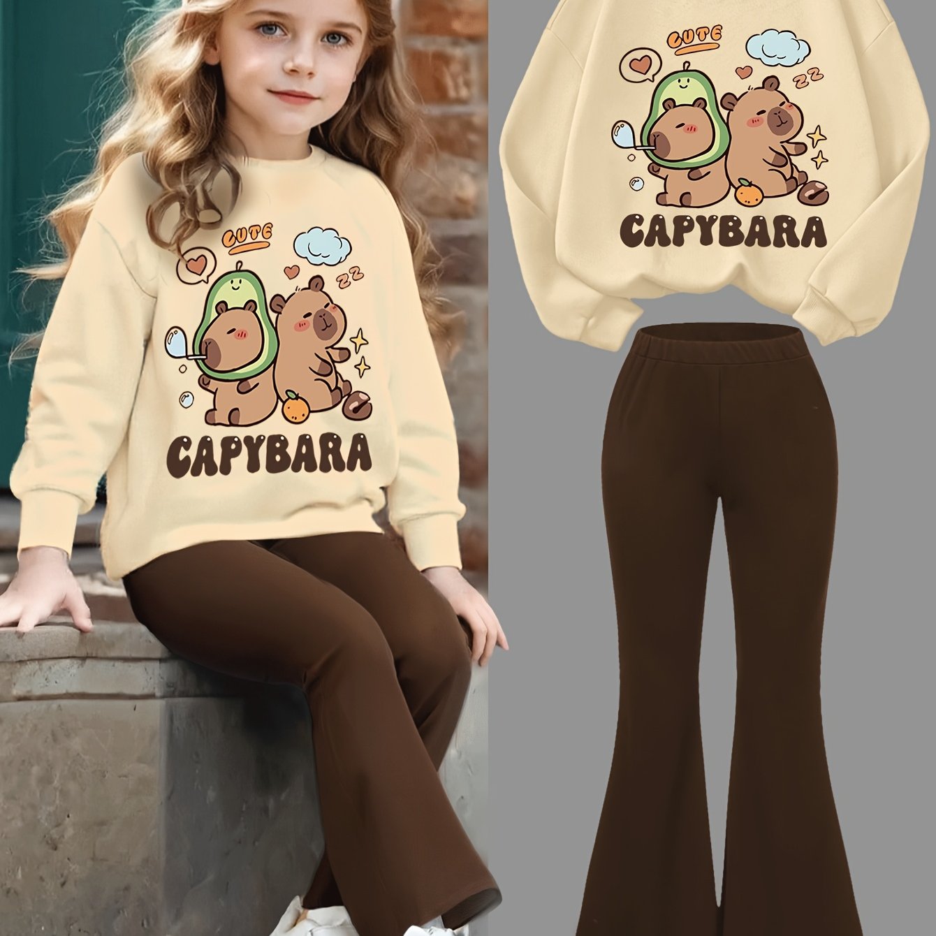 Image of Girls' Fashionable And Cute Shui Dolphin Cartoon Print Crew Neck Sweatshirt & Slim-fit Flared Pants Set, Suitable For Girls' Spring, Autumn, And Winter Casual Outerwear, Perfect For Outdoor