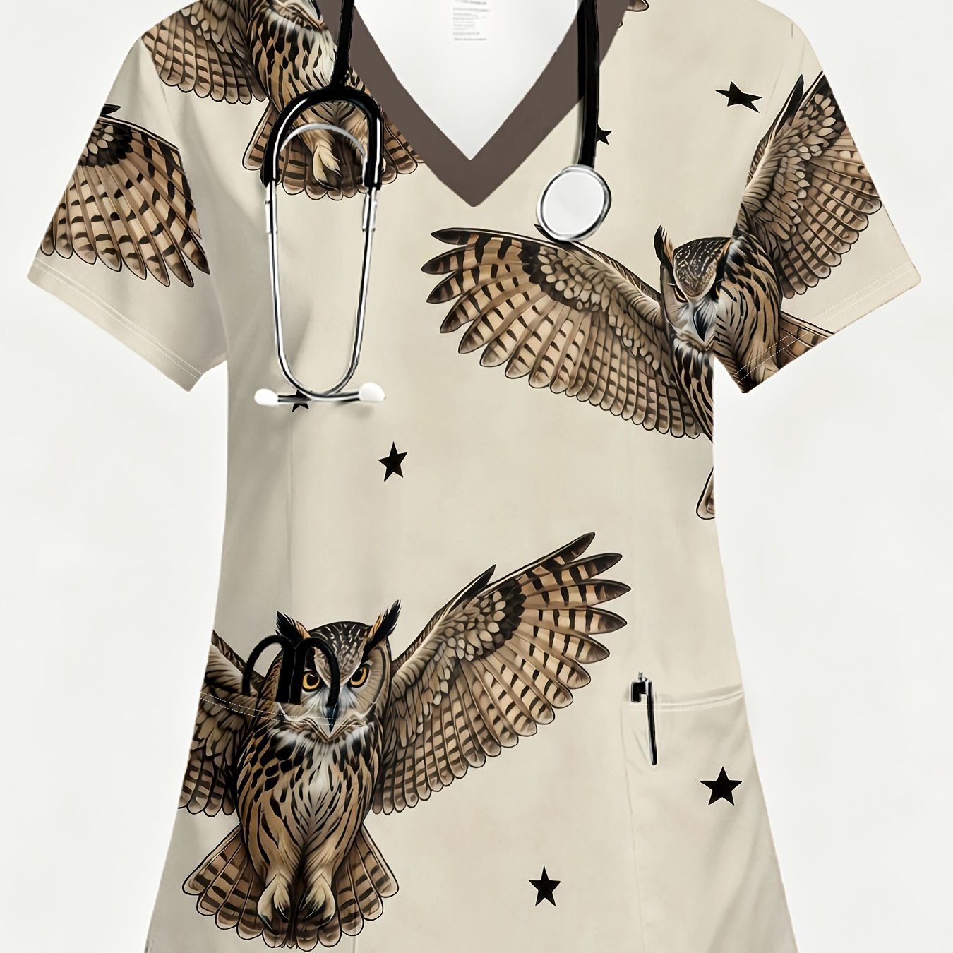 TEMU A Women's Uniform, Print, White Background, 2 Pockets, V-neck, Vintage Print Scrub Tops Women's Soft Beige Background Uniforms Realistic Flying