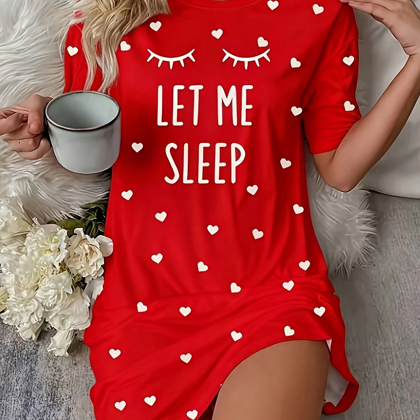 TEMU Women "sleep" Slogan Eyelash Nightgown - Comfortable Short Sleeve Round Neck T-shirt Dress, With Heart Decoration, Suitable For , Polyester