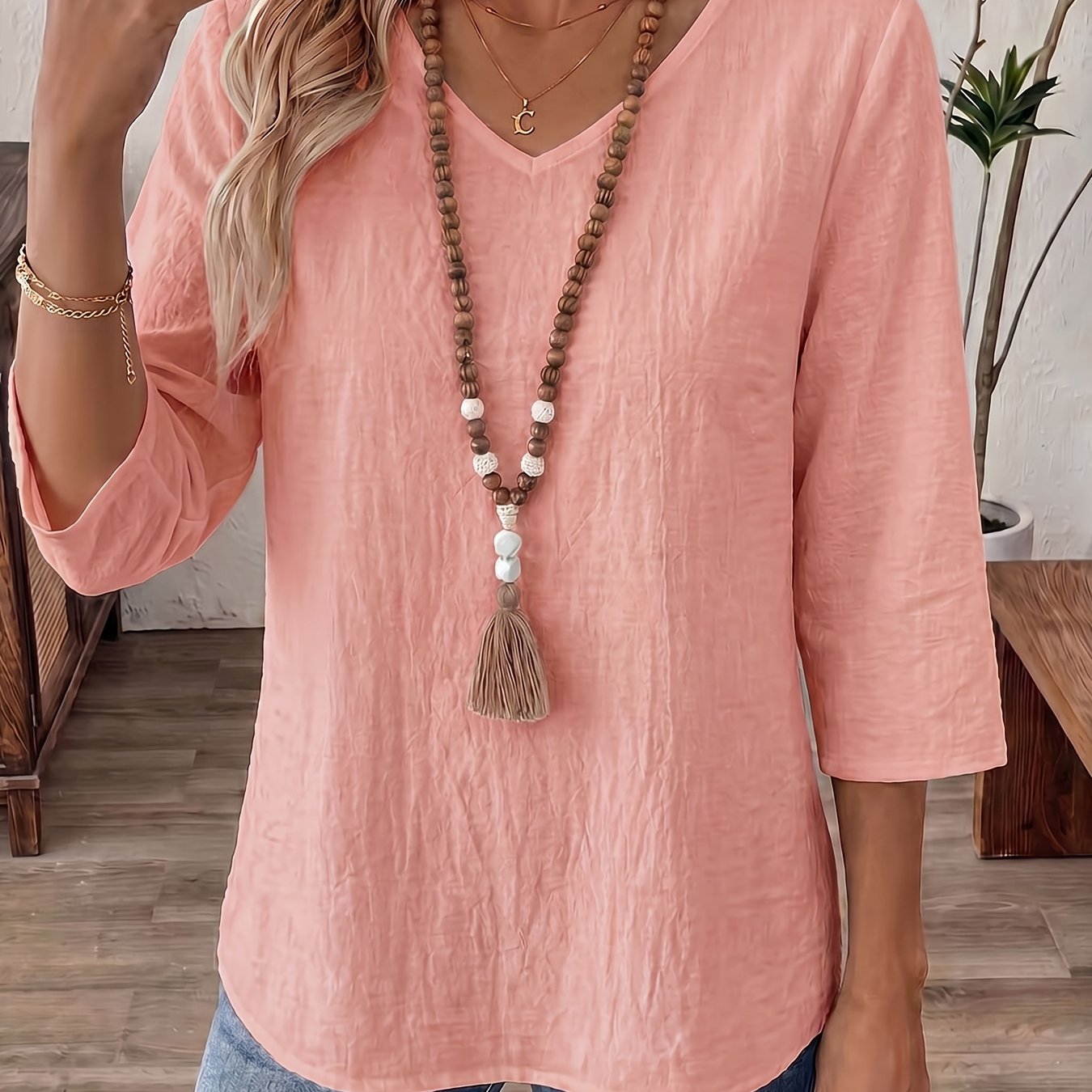 TEMU Solid Color Qf Women's New Style Top, Spring Summer Autumn Casual Simple Breathable Comfortable Top, Women'-quarter Sleeve V-neck Top