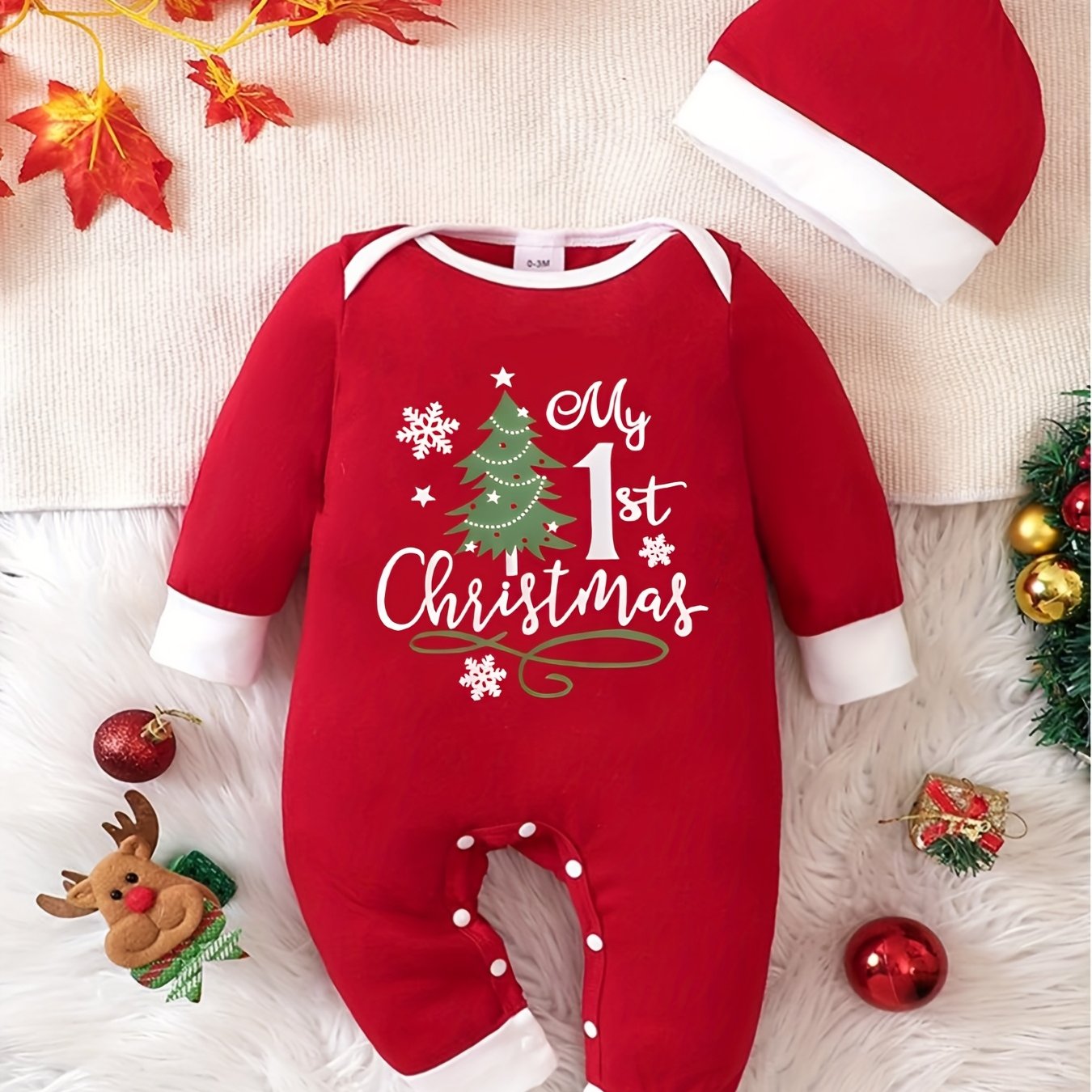 Image of Infant And Toddler Boys And Girls Round Neck Cartoon Letter Print Long Sleeve Romper With Hood, Christmas Holiday Edition, Developed, Perfect For Outdoor